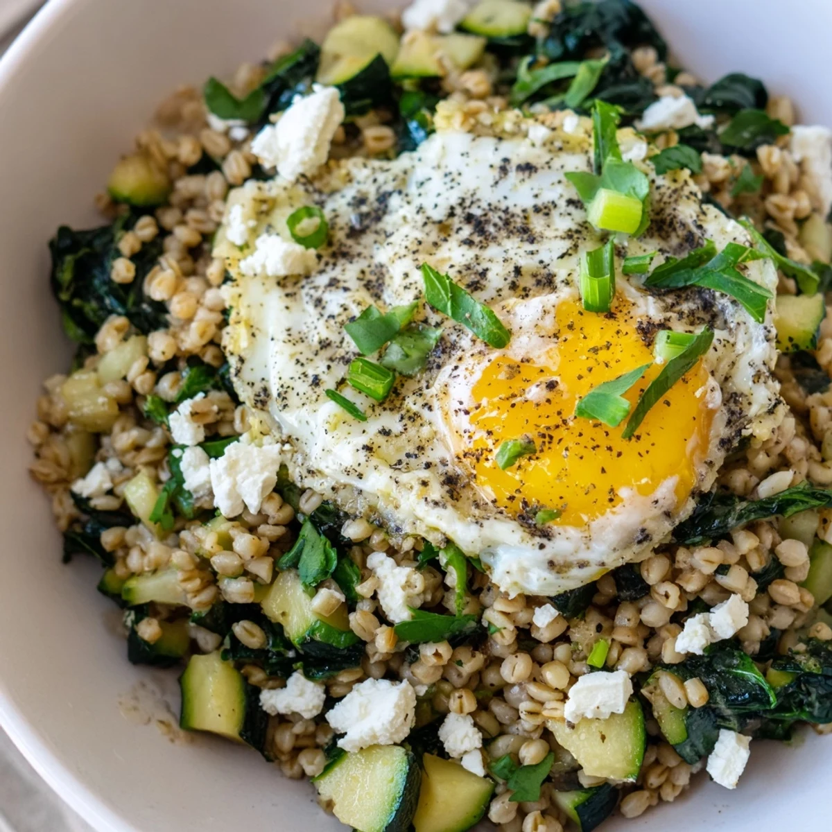 Creamy vegetarian breakfast bowl featuring nutty barley, fresh greens, zucchini, and a runny egg