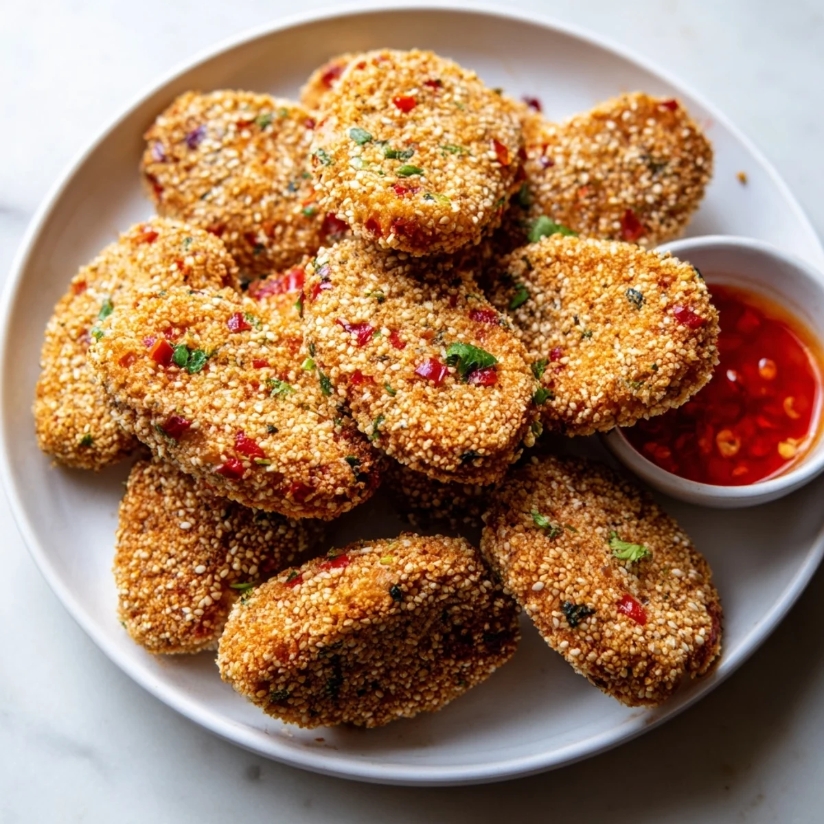 Crispy chili sesame chickpea nuggets served hot with a creamy dipping sauce