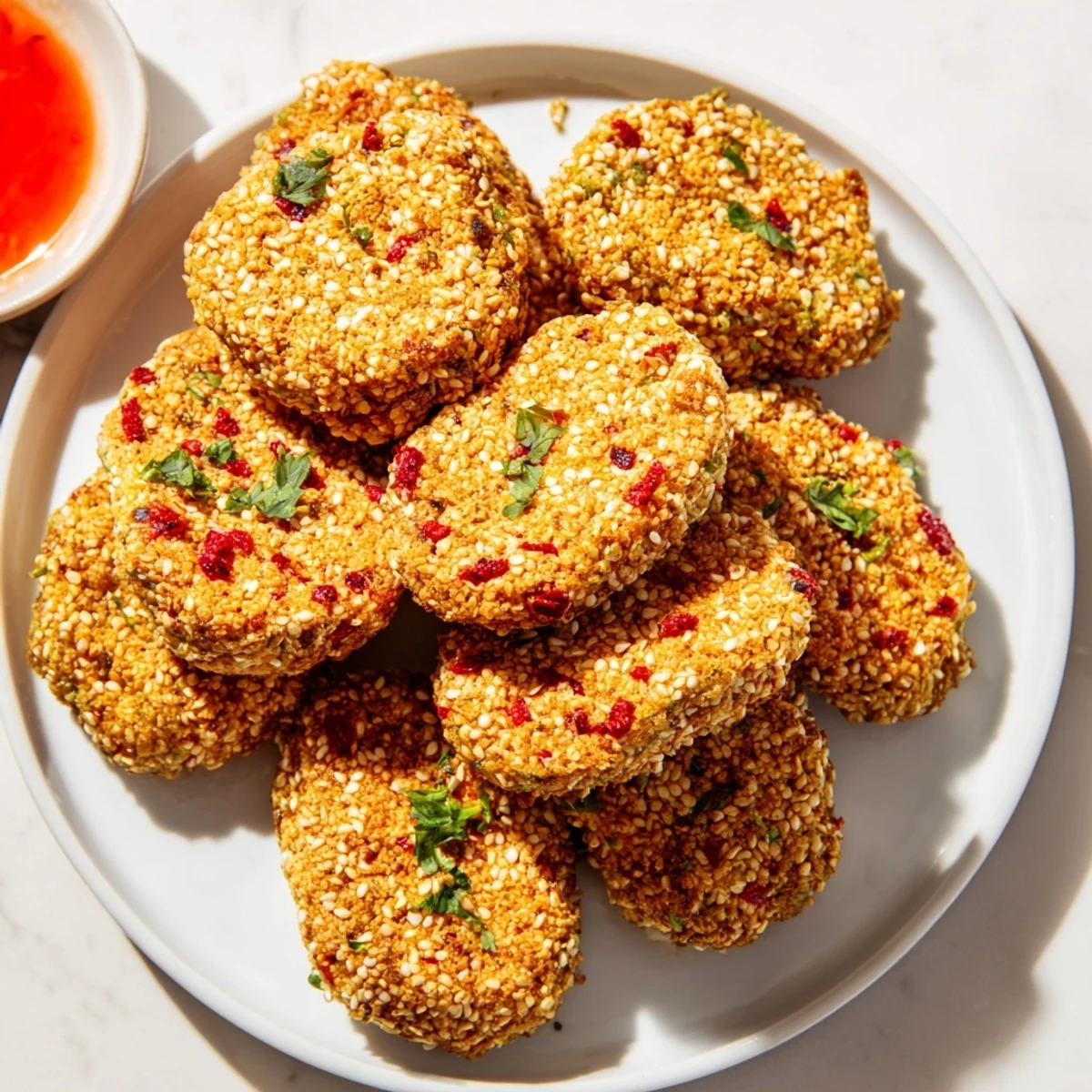 Golden crispy chili sesame chickpea nuggets fresh from the skillet, steaming and crunchy