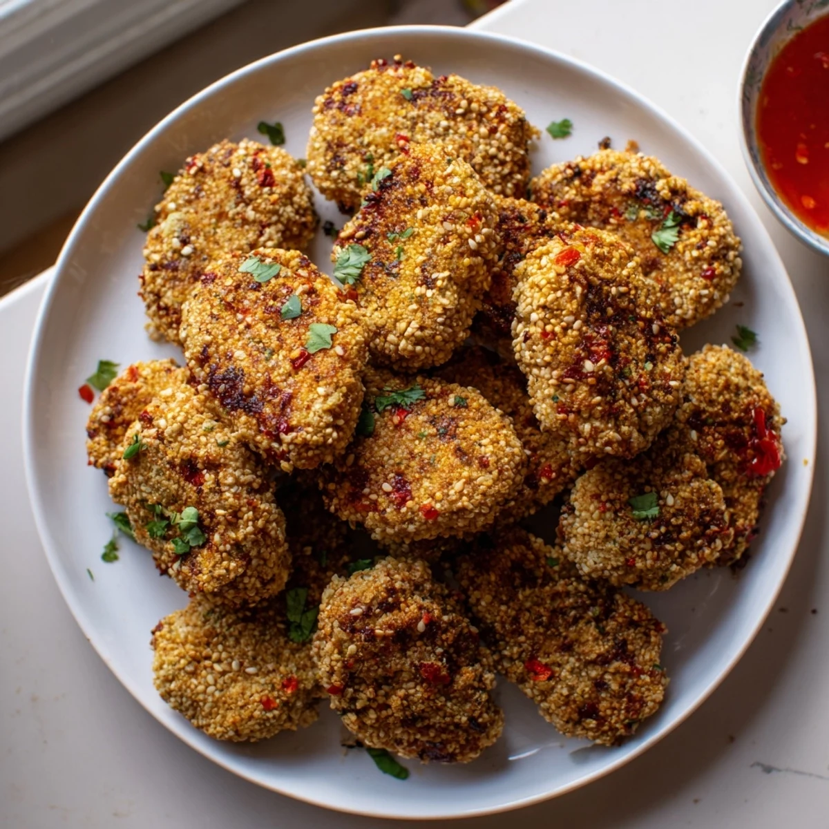 Close-up of crispy chili sesame chickpea nuggets arranged on a rustic wooden platter