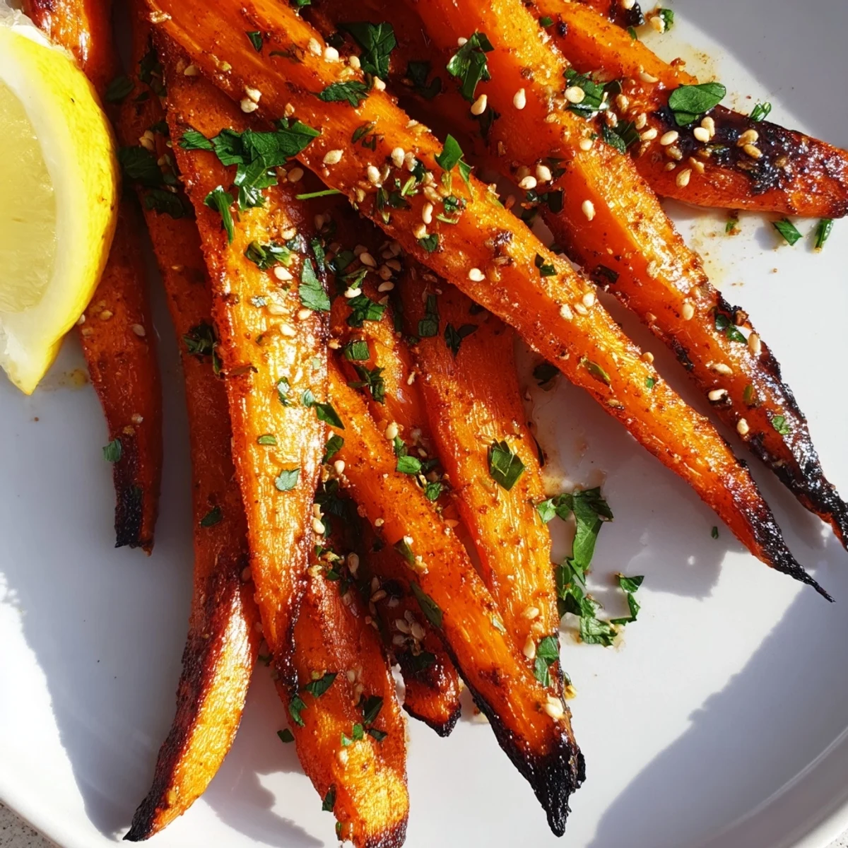 Golden smoky roasted carrot spears with charred edges on a parchment-lined baking sheet