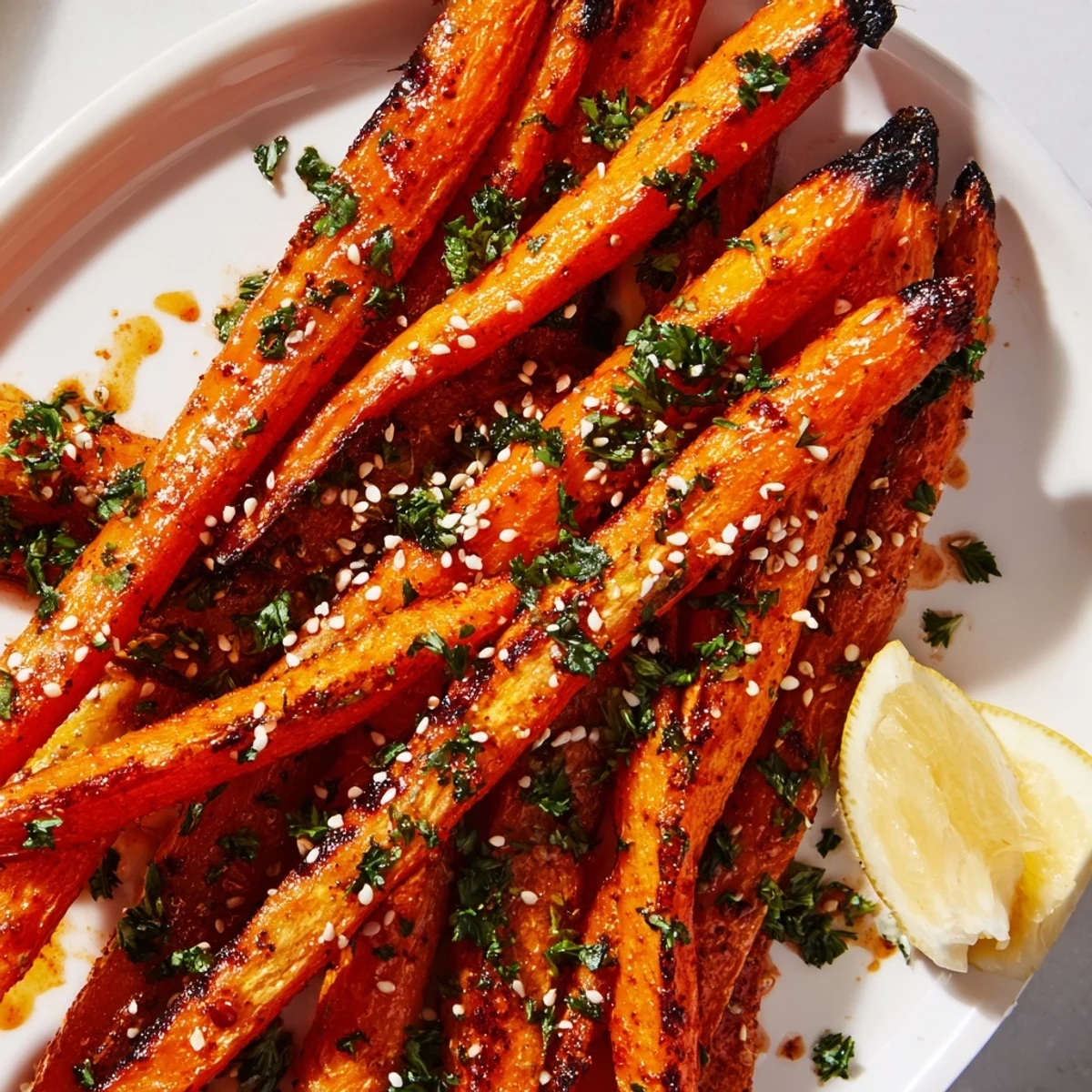 Tender smoky roasted carrot spears served on a platter with bright lemon wedges