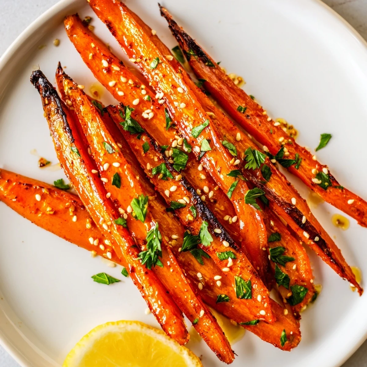 Smoky roasted carrot spears glistening with olive oil and sprinkled with fresh parsley
