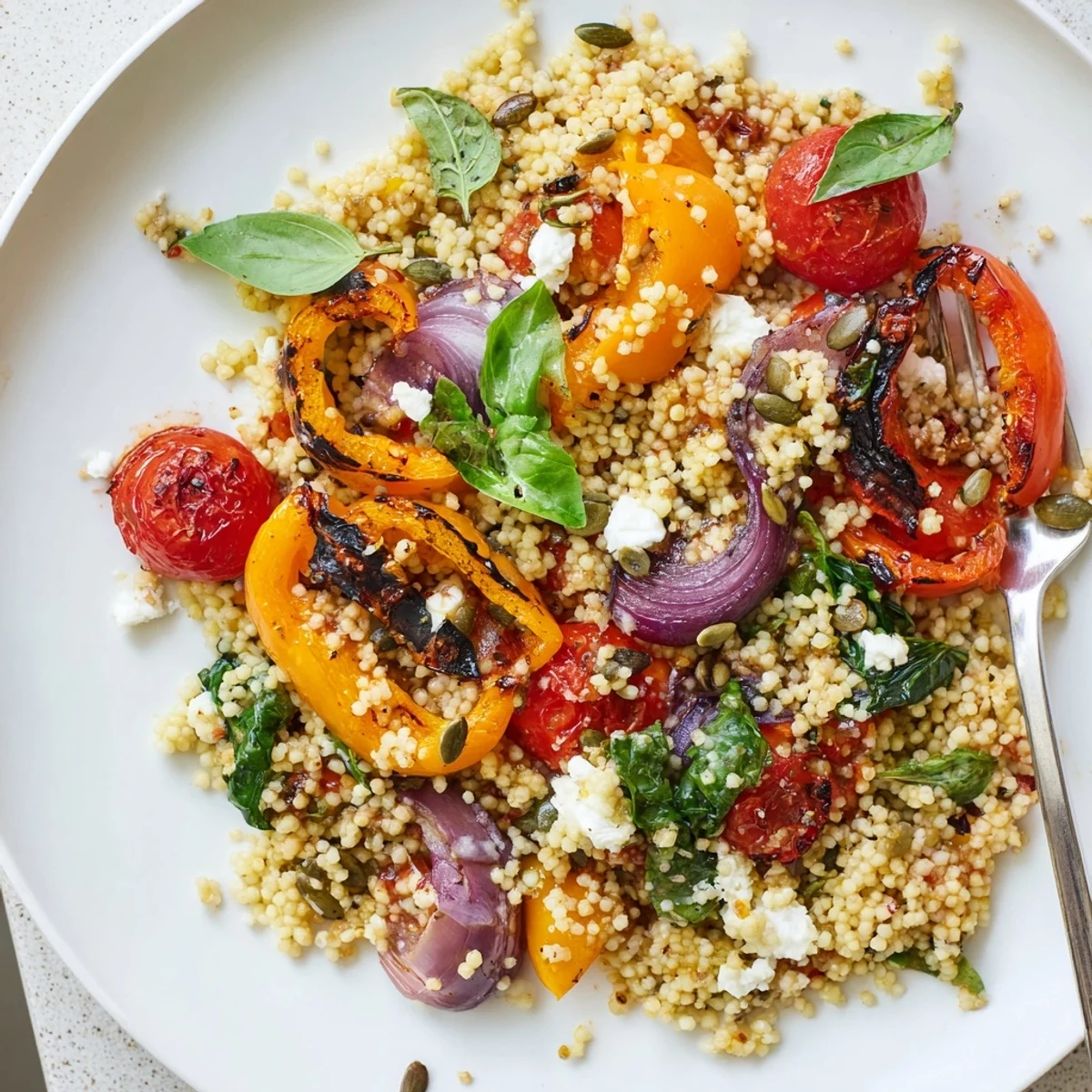 Fluffy warm millet and roasted bell pepper salad tossed with fresh herbs and zesty vinaigrette