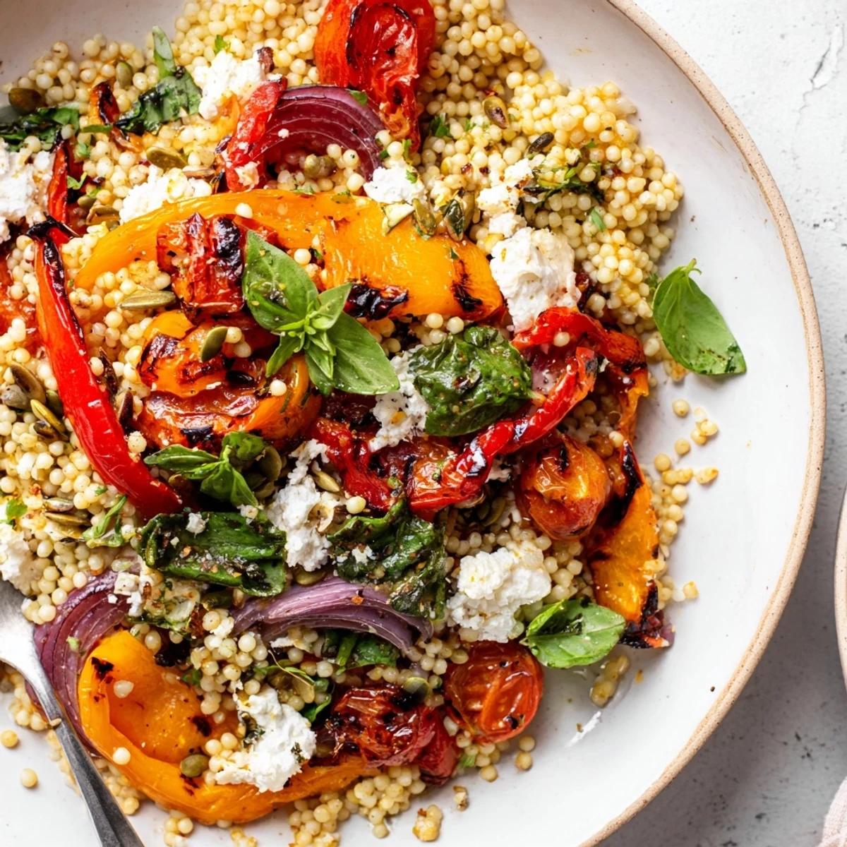 Golden millet and roasted bell pepper salad served on a bed of baby spinach with cherry tomatoes