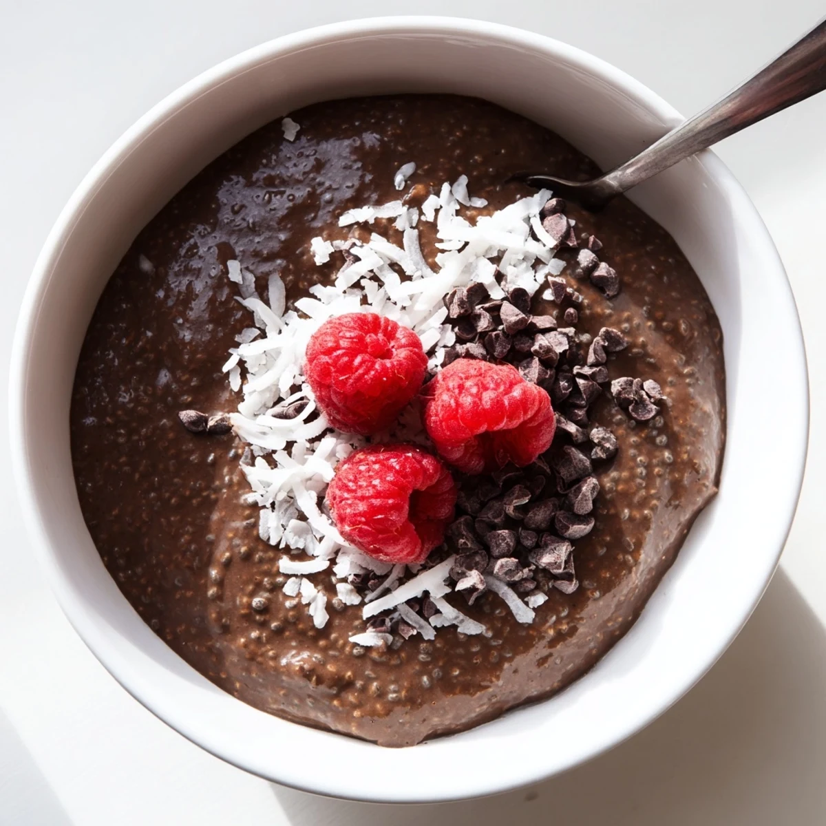 Rich cocoa cashew coconut chia cream scooped into glasses and topped with berries