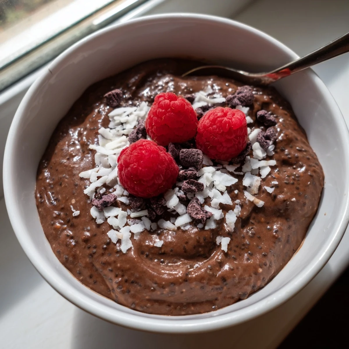 Thick chocolate-colored cocoa cashew coconut chia cream served chilled in individual dessert bowls