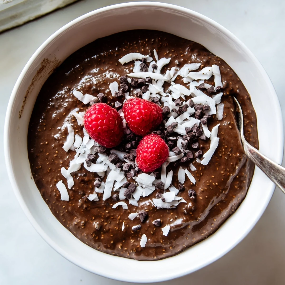 Velvety cocoa cashew coconut chia cream garnished with shredded coconut and cacao nibs