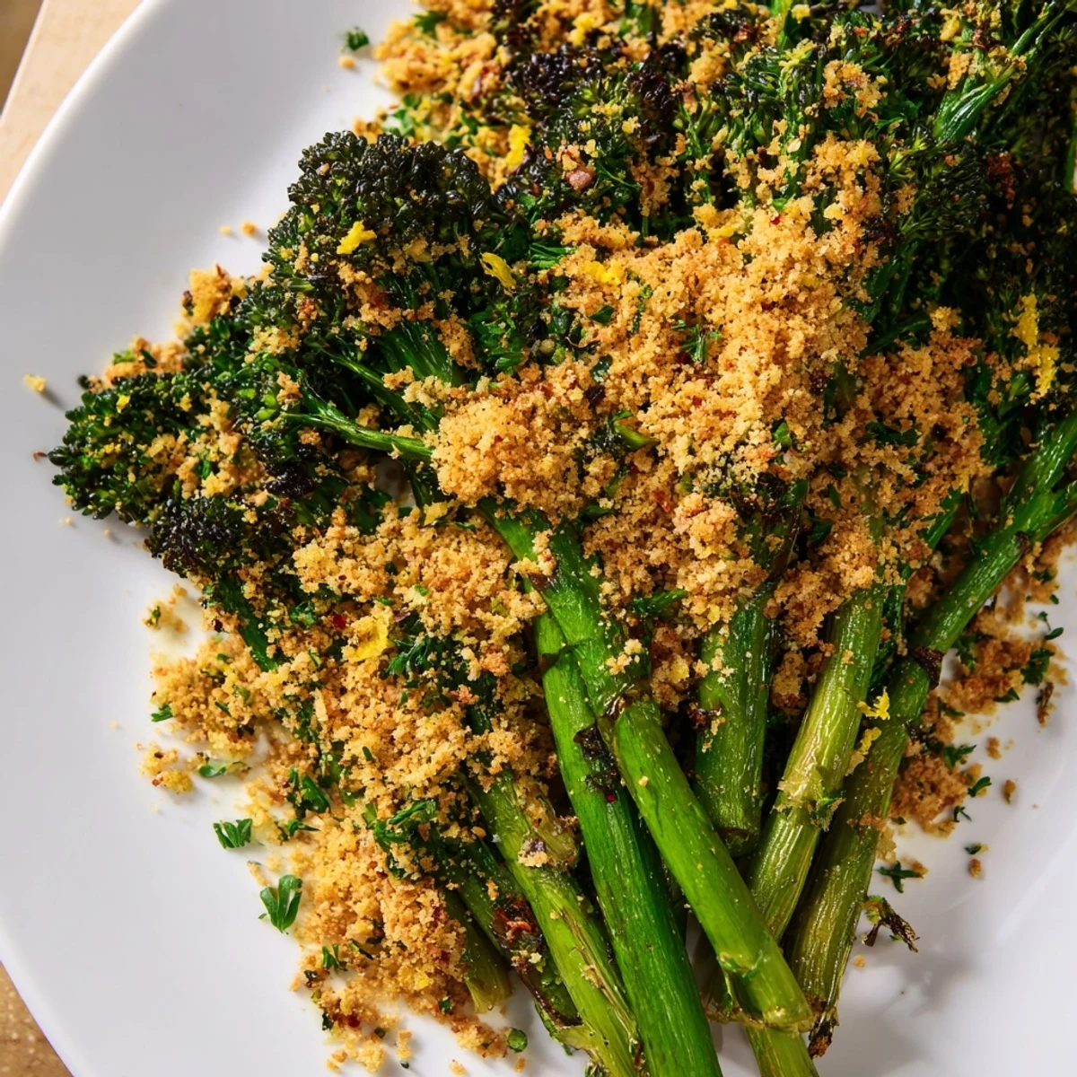 Crispy roasted broccolini with garlic herb crunch served on a rustic white platter