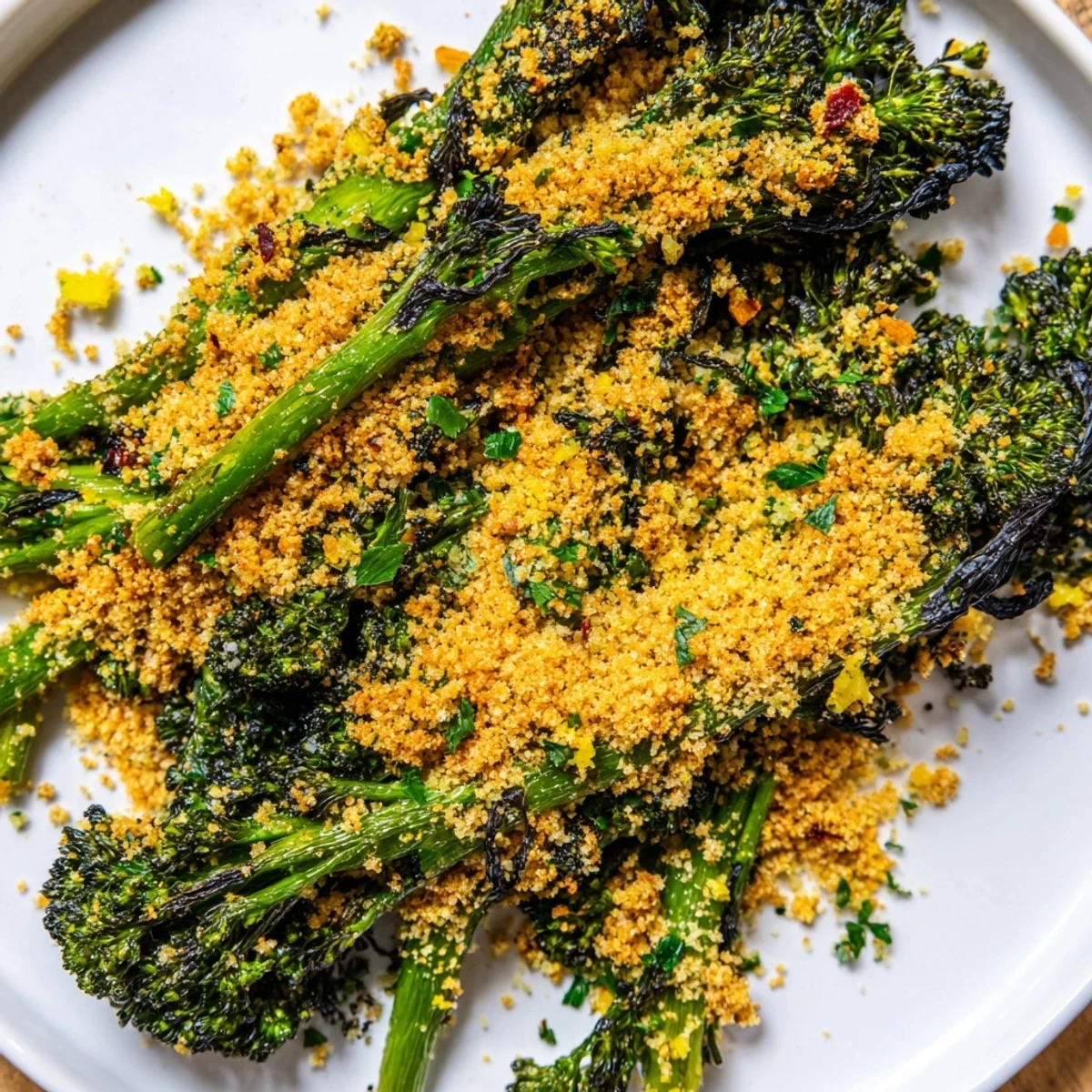 Golden breadcrumb-topped roasted broccolini with garlic herb crunch glowing with lemon zest