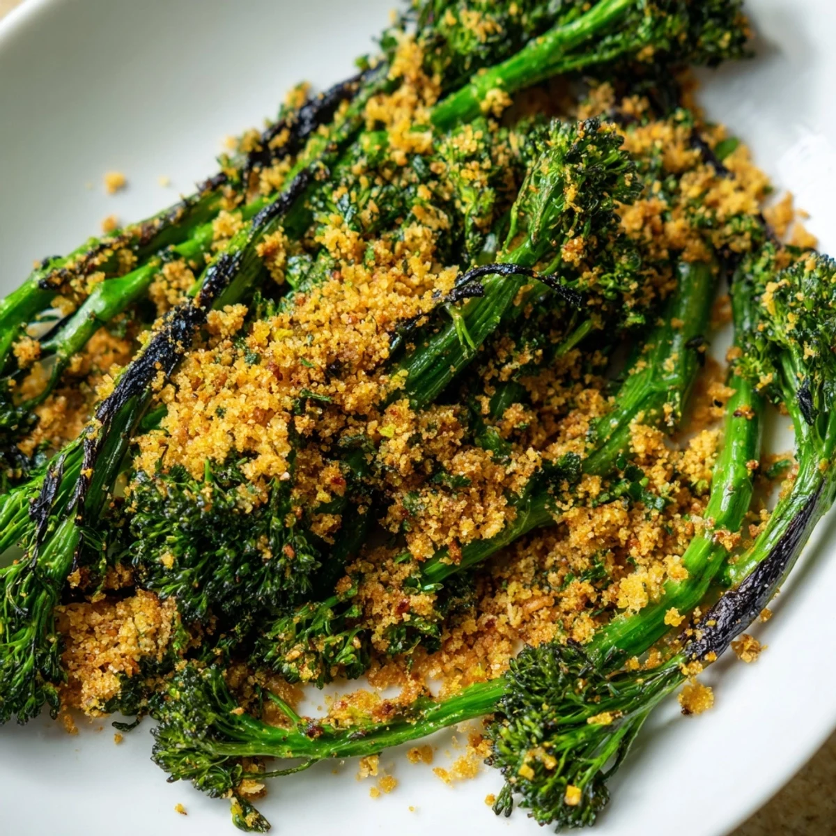 Tender charred broccolini with garlic herb crunch piled high on a casual serving dish