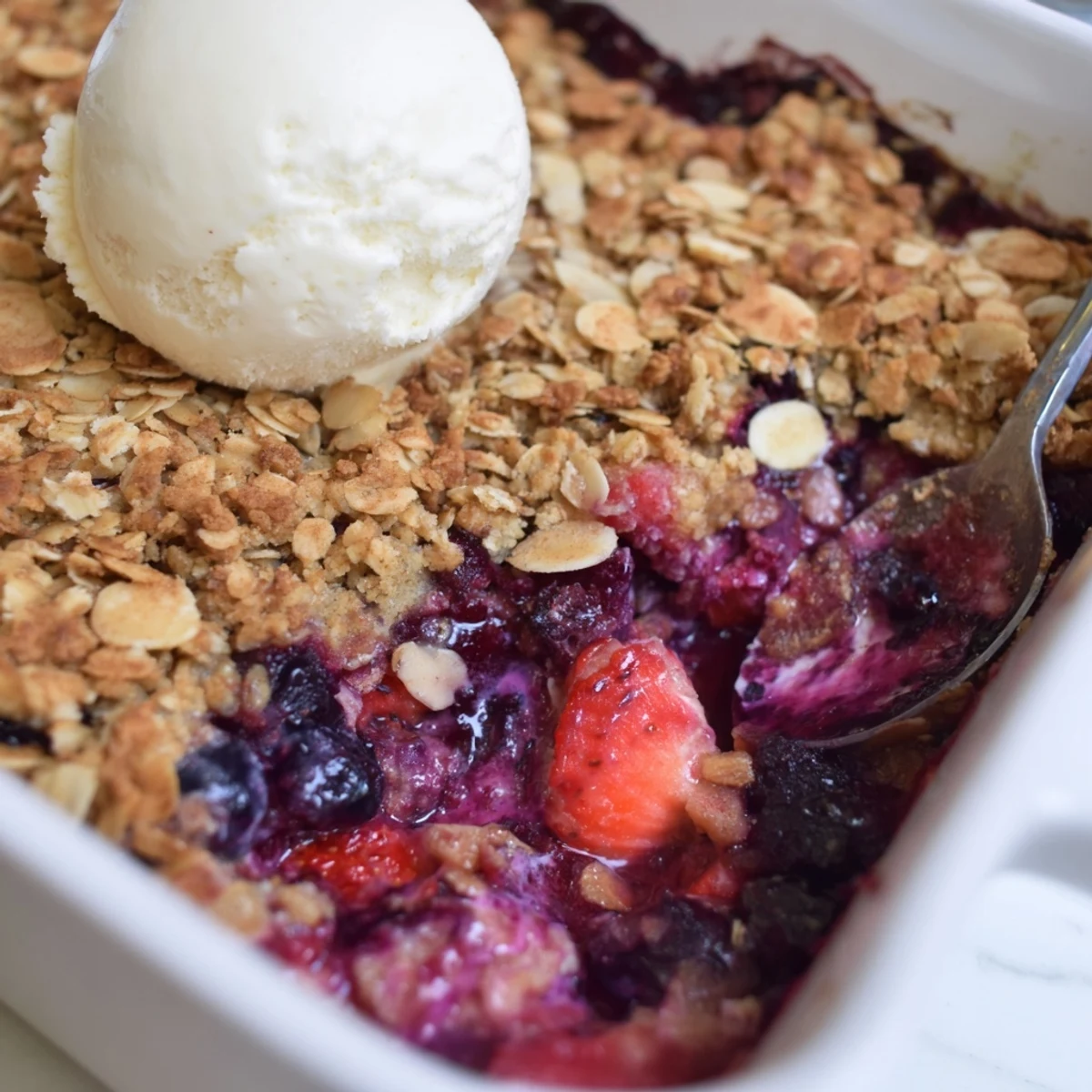 Golden vanilla almond berry bake with bubbling mixed berries and a crunchy oat almond topping
