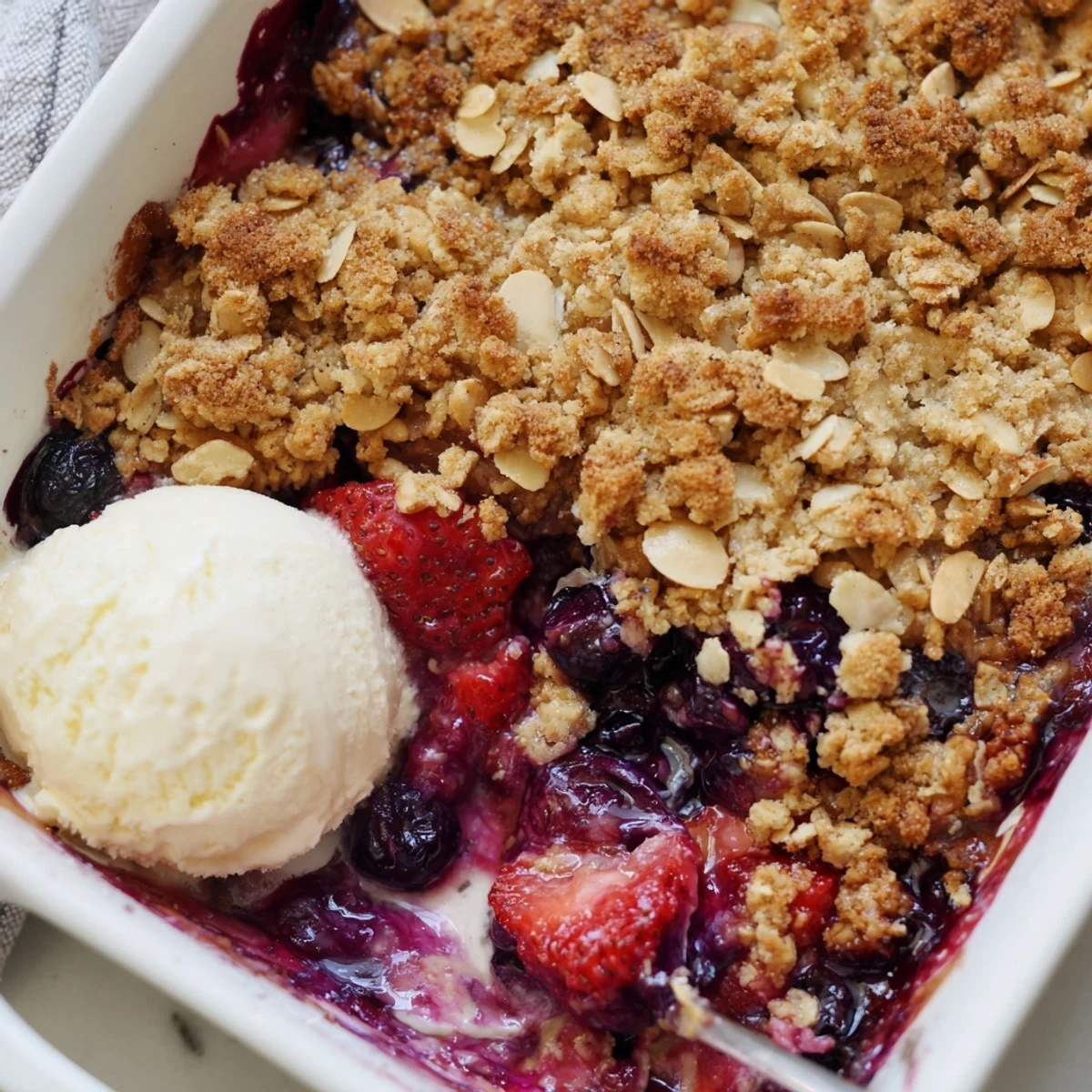 Warm vanilla almond berry bake scooped into a bowl topped with melting vanilla ice cream