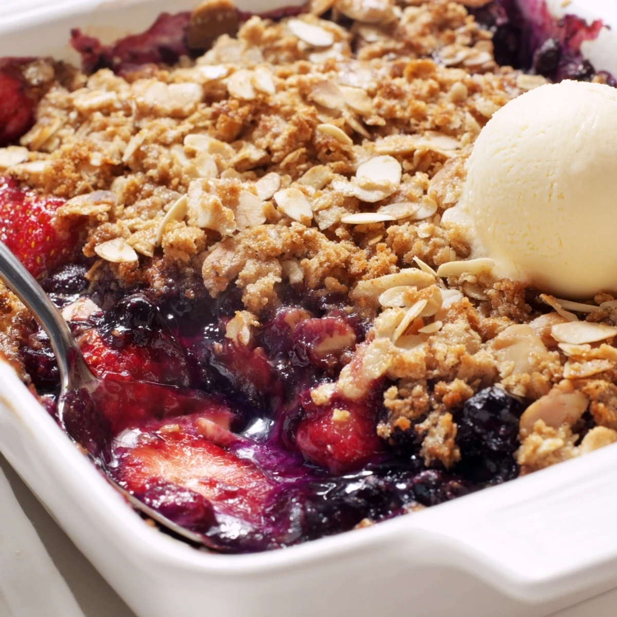 Crusty almond-studded topping over juicy bubbling berries in a classic vanilla almond berry bake