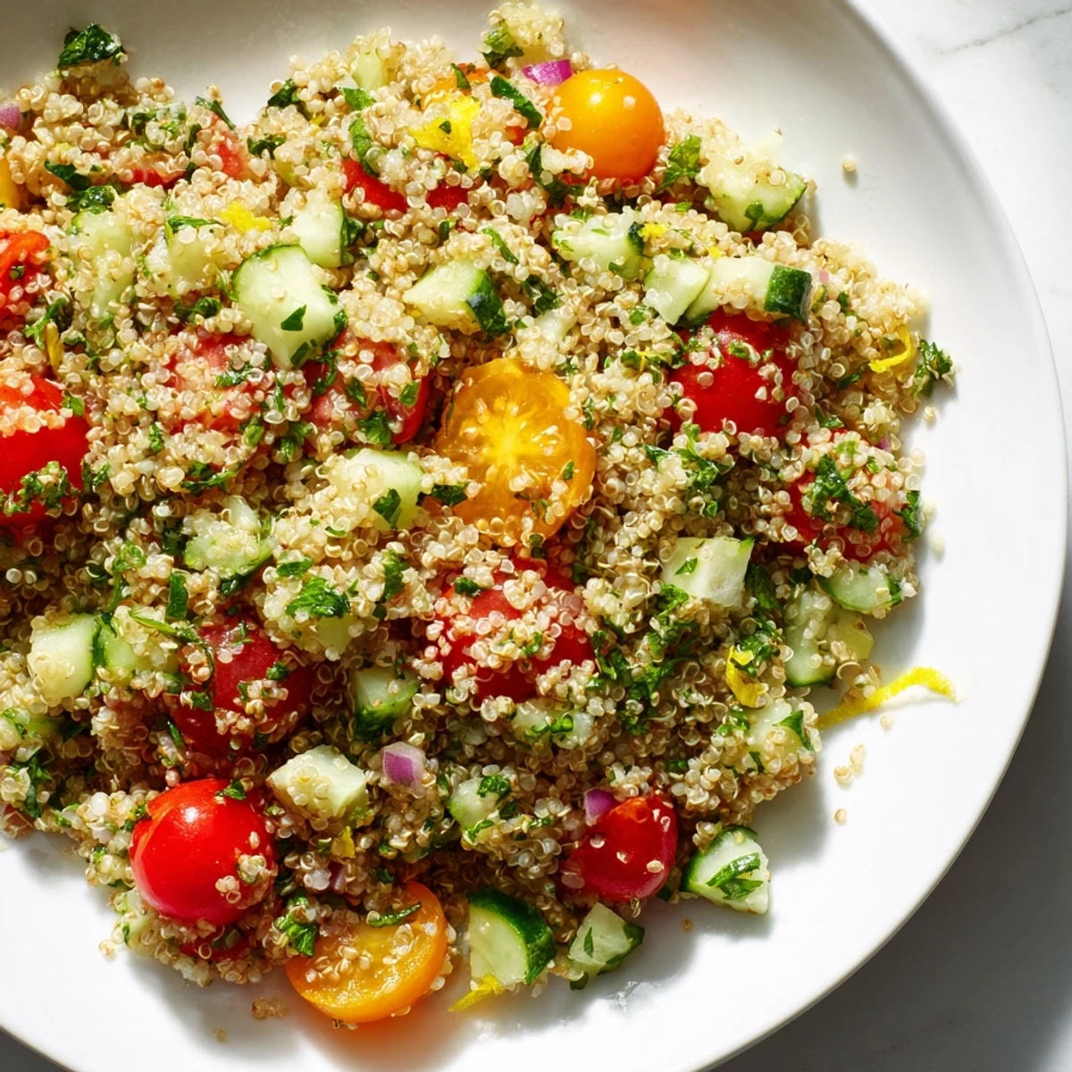 A vibrant citrus herb quinoa and tomato salad served in a rustic white bowl on a sunlit wooden table