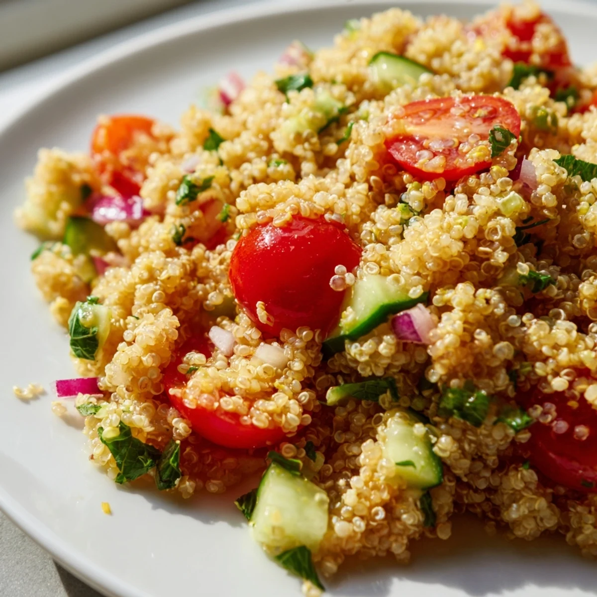 Fluffy quinoa tossed with juicy cherry tomatoes and fresh herbs in a zesty citrus vinaigrette dressing close-up