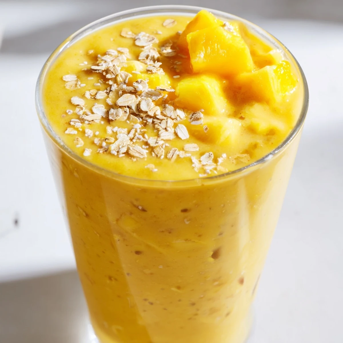 Creamy pineapple mango oat smoothie topped with fresh fruit and a sprinkle of chia seeds
