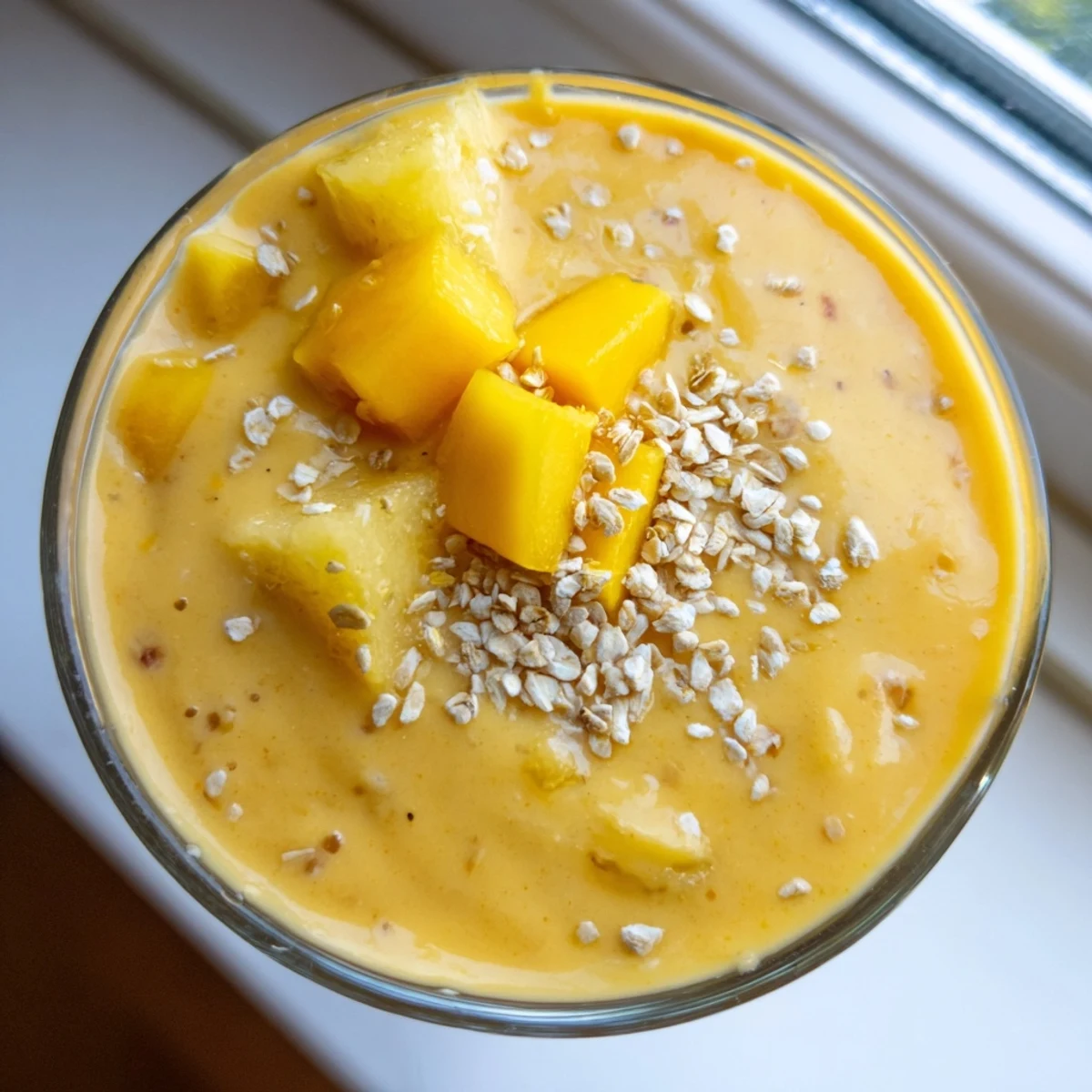 Thick golden pineapple mango oat smoothie poured into a glass with tropical garnishes on a sunlit counter