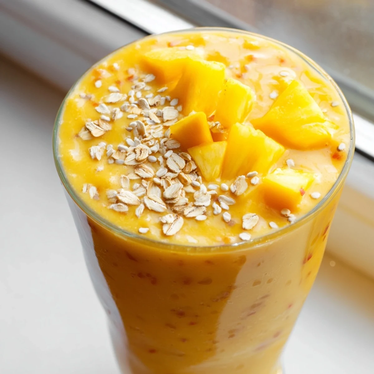 Chilled pineapple mango oat smoothie in a tall glass served alongside ripe mango slices for a refreshing breakfast