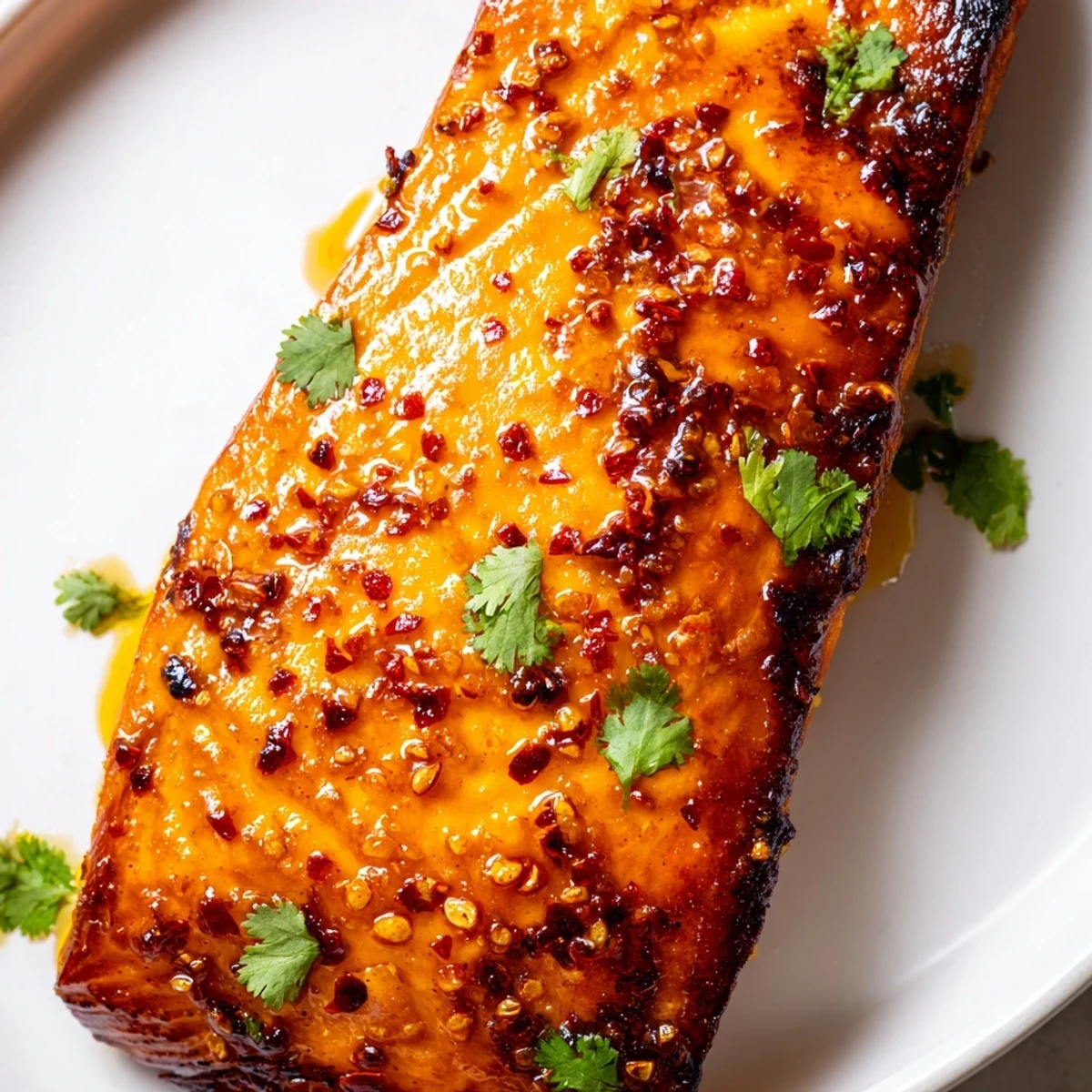 Golden honey chili lime salmon skillet glazed and garnished with fresh cilantro