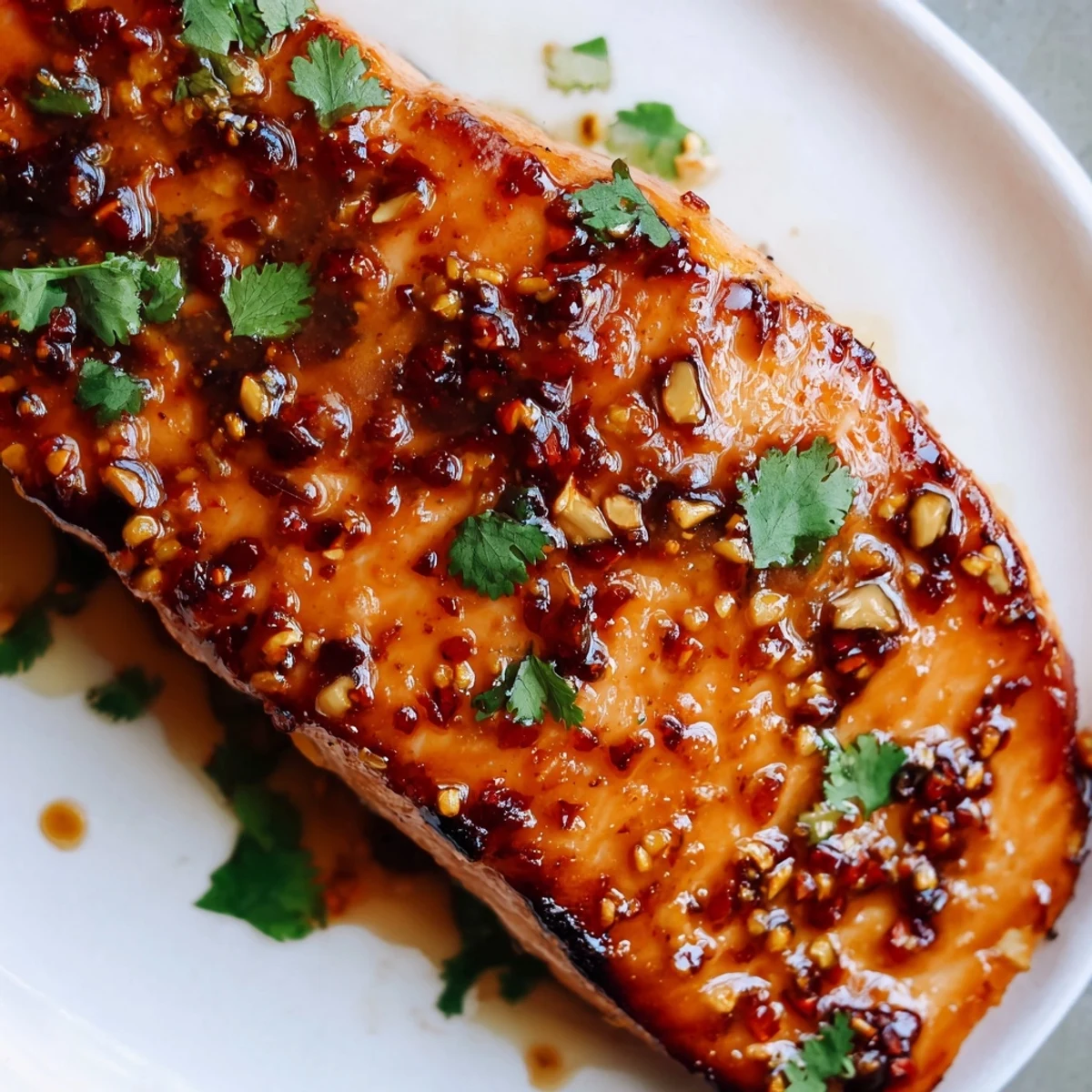 Caramelized honey chili lime salmon skillet served with lime wedges and cilantro
