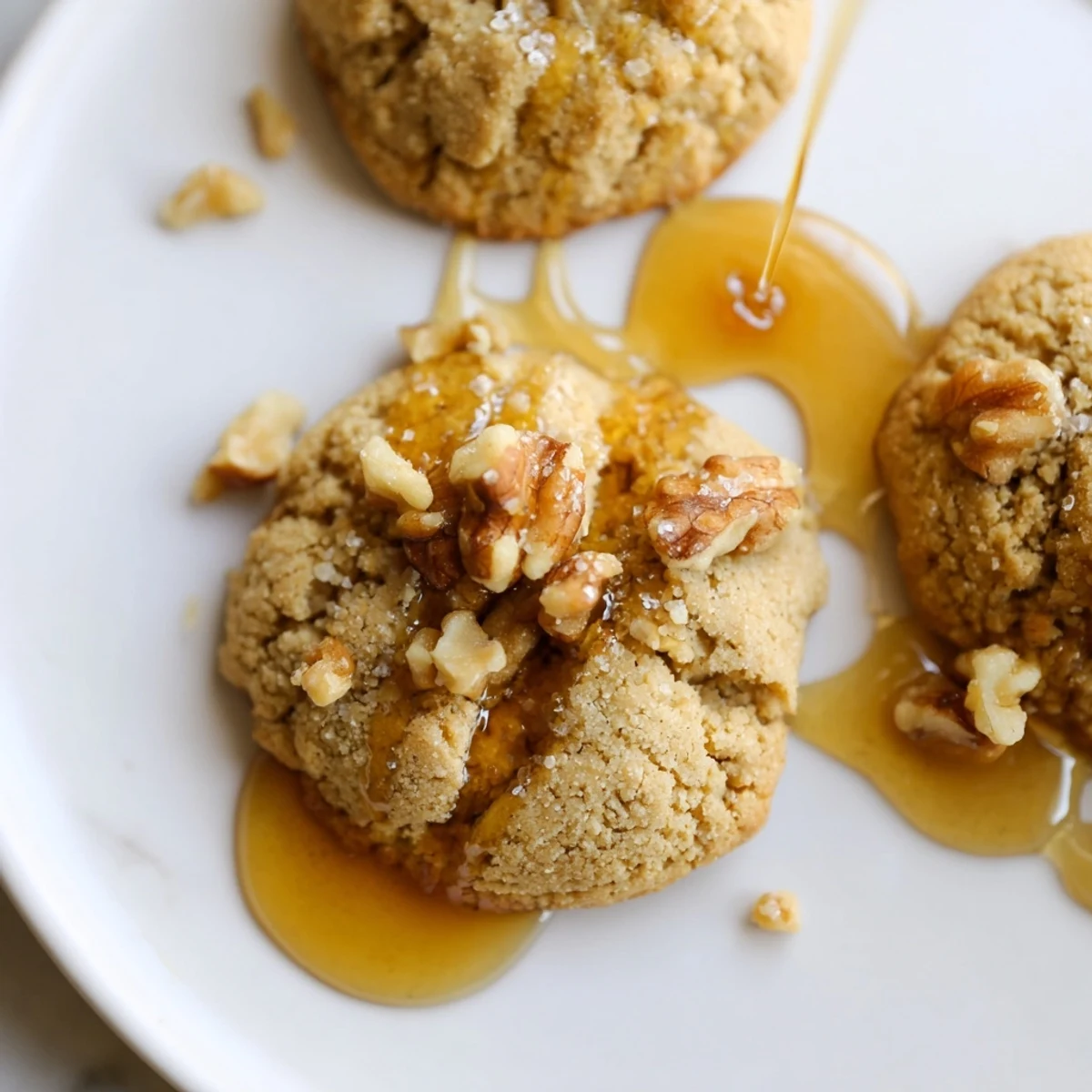 Golden keto maple walnut butter drizzle cookies topped with a glossy sugar-free icing on parchment paper