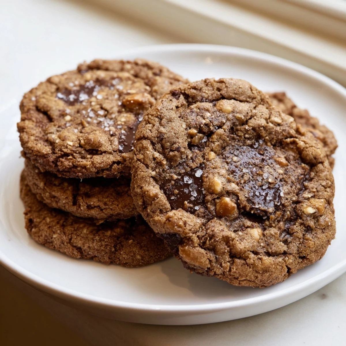 Golden gluten-free espresso chocolate hazelnut butter crunch cookies cooling on a wire rack