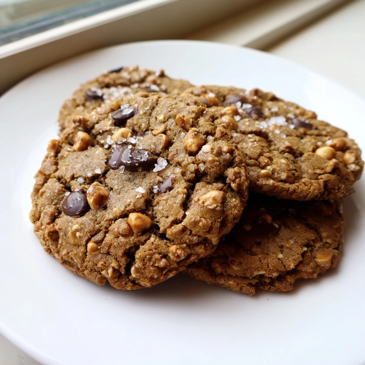 Crispy gluten-free espresso chocolate hazelnut butter crunch cookies studded with melty chocolate chips