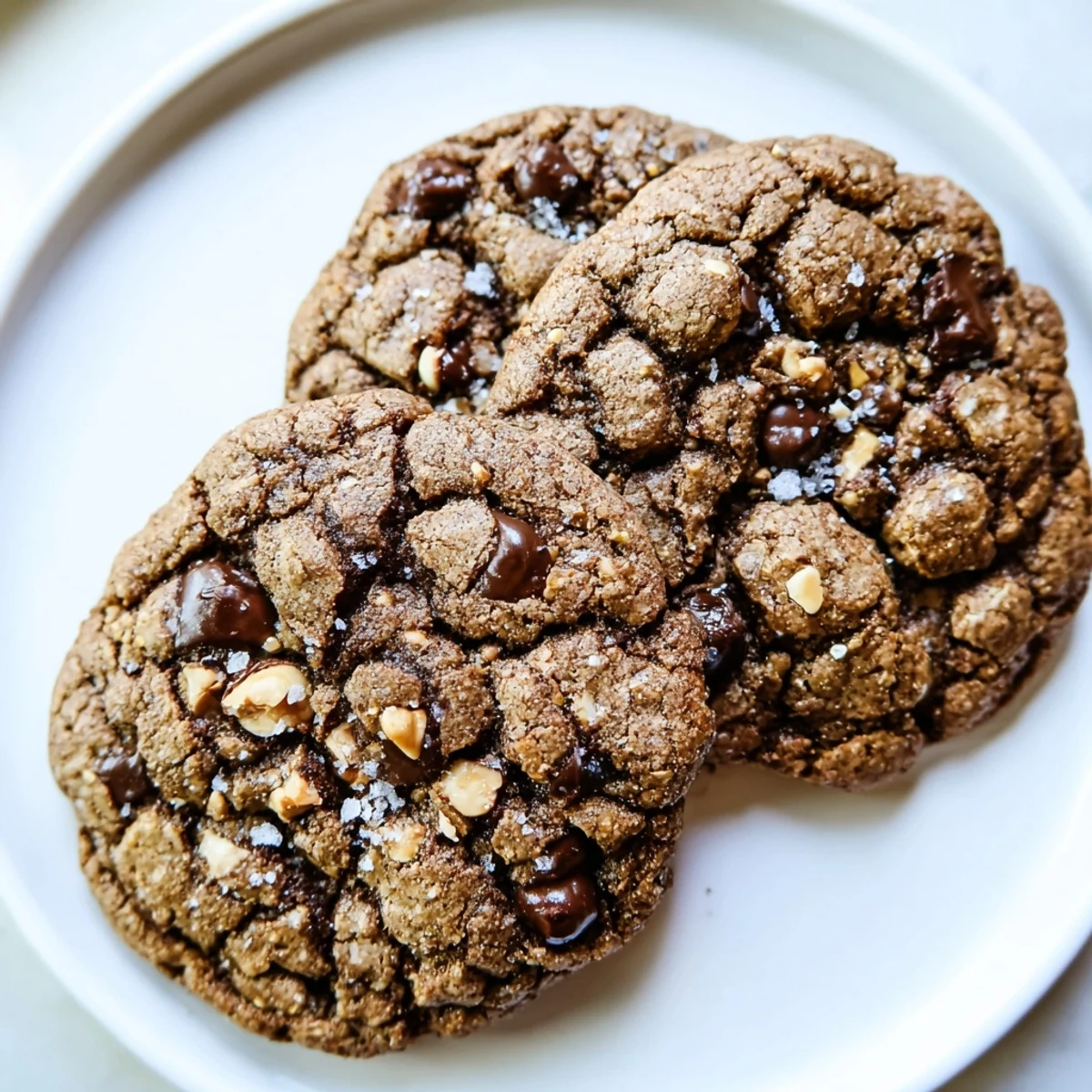 Rustic plate of gluten-free espresso chocolate hazelnut butter crunch cookies beside a coffee mug
