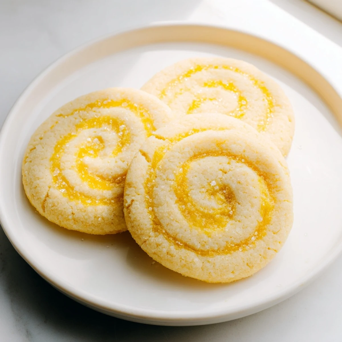 Spiraled vegan pineapple vanilla swirl sugar cookies showing bright yellow and vanilla dough layers
