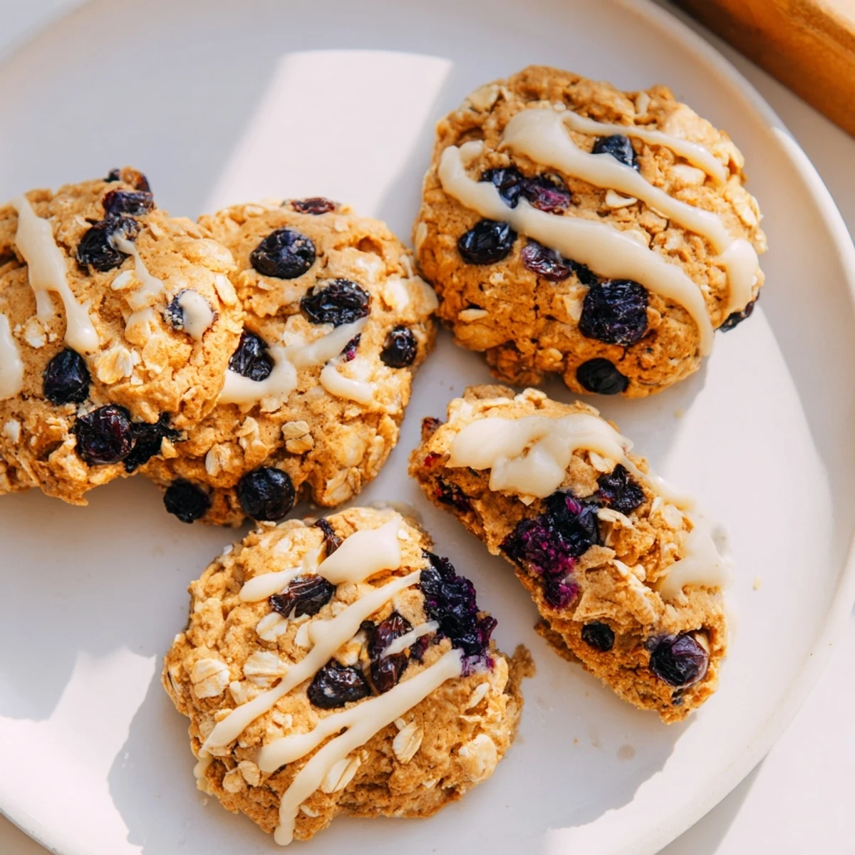 Chewy vegan blueberry vanilla swirl oatmeal raisin cookies with golden edges on a rustic baking sheet