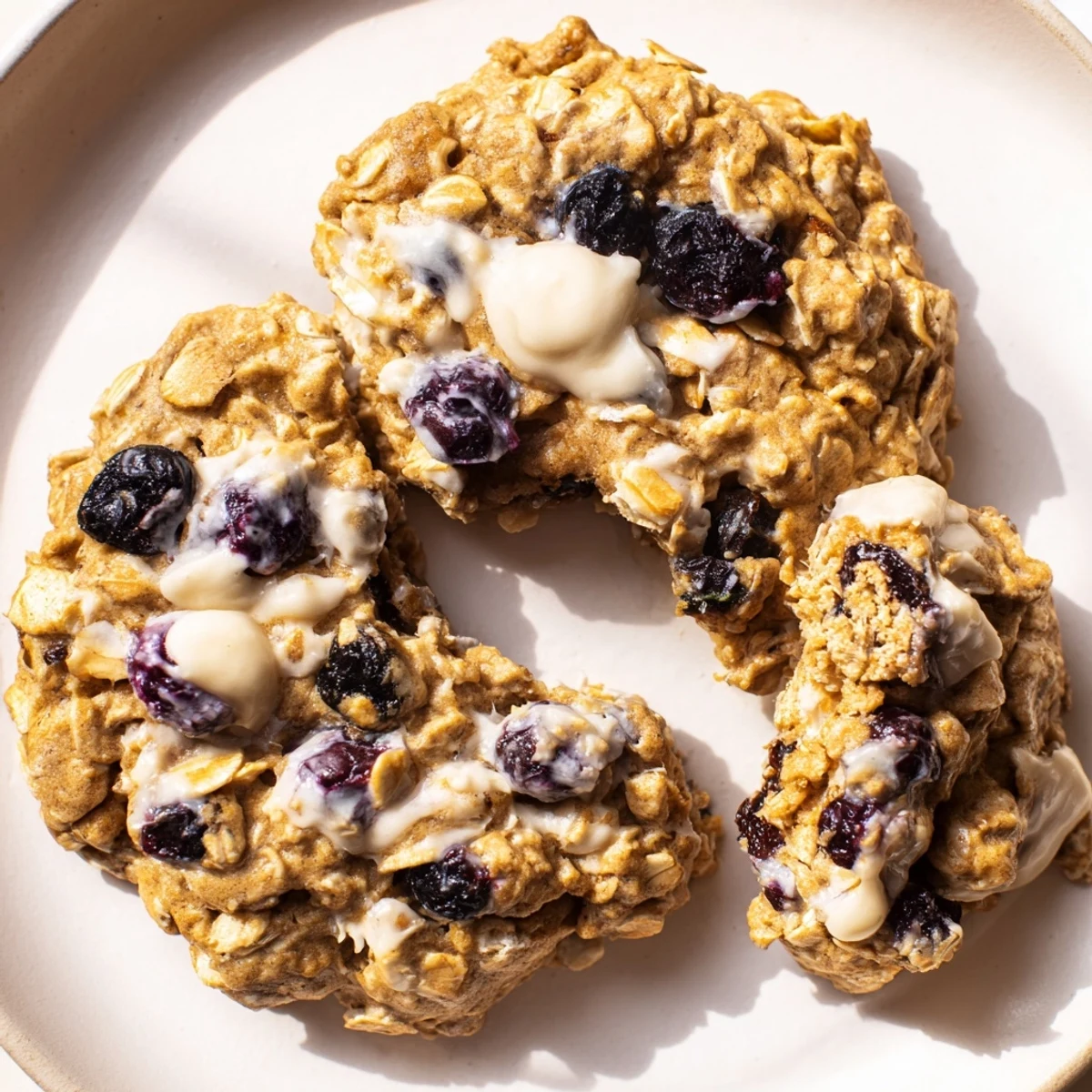 Soft vegan blueberry vanilla swirl oatmeal raisin cookies drizzled with creamy vanilla swirl and studded with fruit