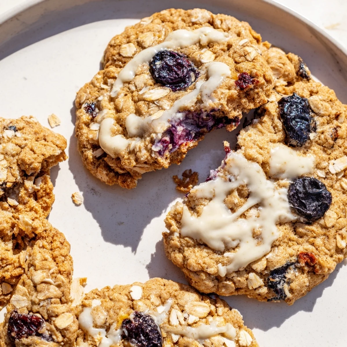 Freshly baked vegan blueberry vanilla swirl oatmeal raisin cookies arranged on a wire cooling rack