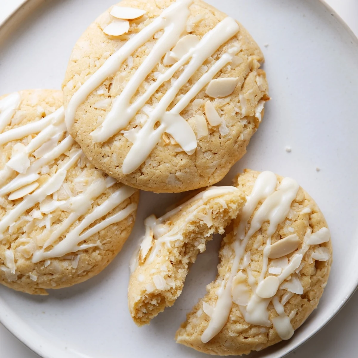 Golden keto vanilla coconut butter drizzle cookies arranged on parchment with sweet coconut glaze