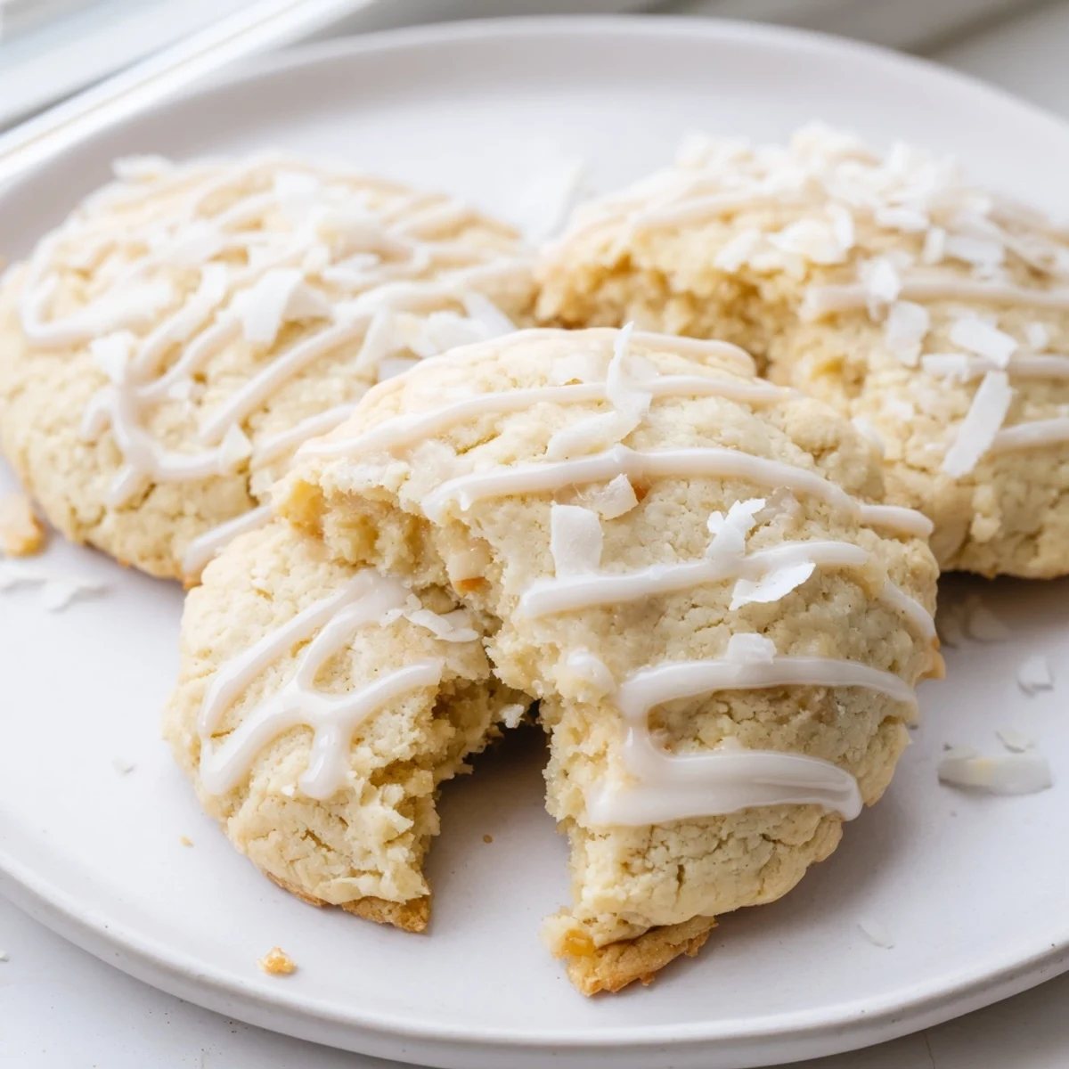 Soft keto vanilla coconut butter drizzle cookies topped with a creamy white coconut drizzle