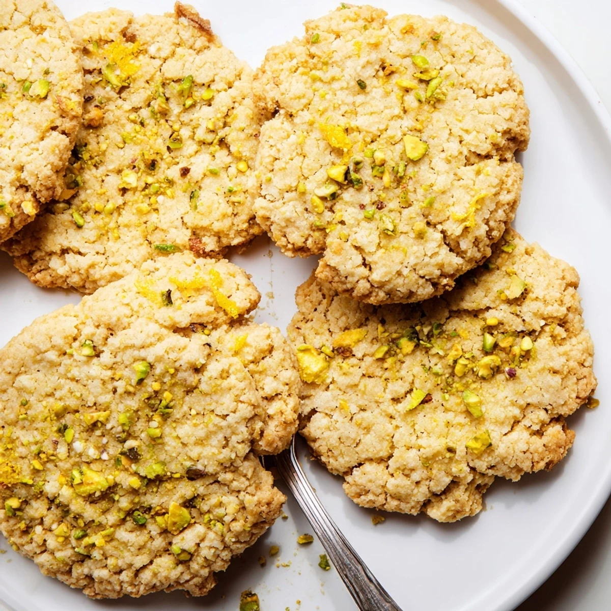 Golden gluten-free lemon pistachio butter crisp cookies fresh from the oven on parchment paper.