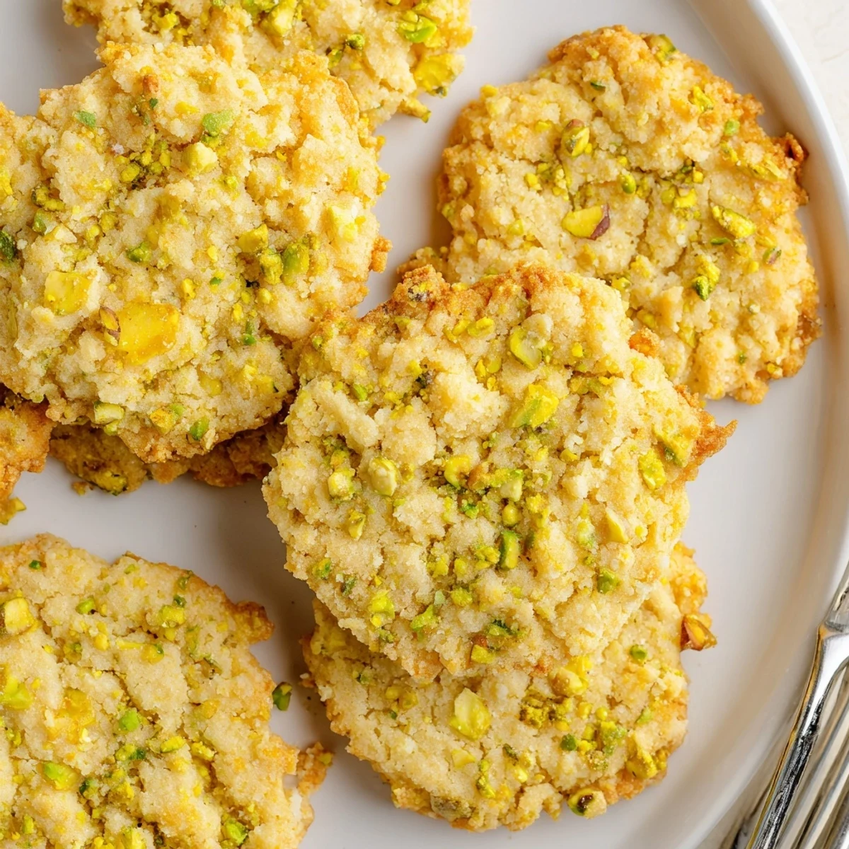 Gluten-free lemon pistachio butter crisp cookies studded with green nuts on a wire cooling rack.