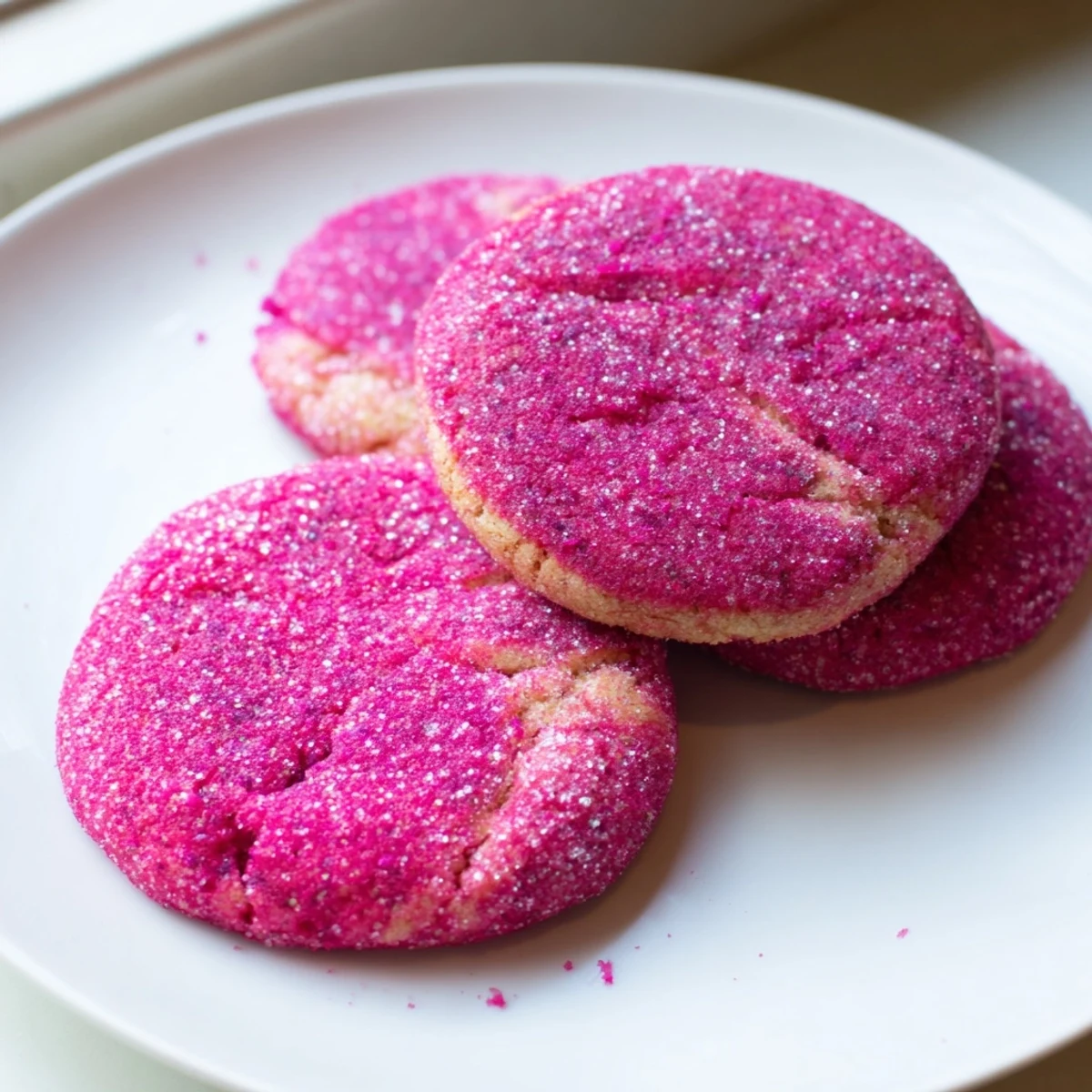 Bright pink vegan vanilla dragonfruit sugar cookies with crackled sugar tops on a rustic baking sheet
