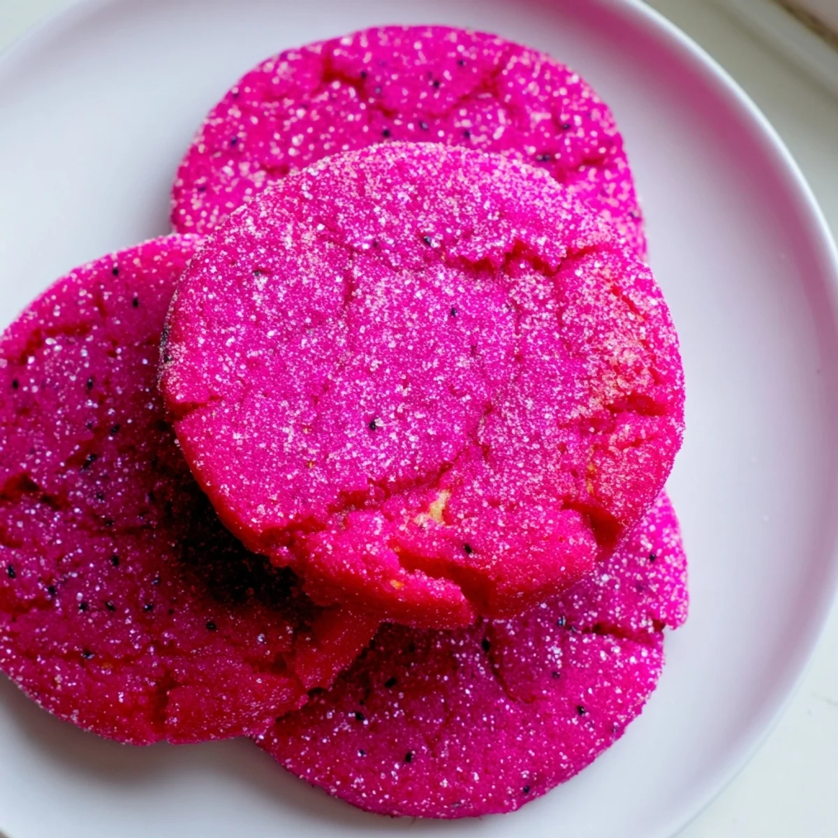 Golden-edged vegan vanilla dragonfruit sugar cookies cooling on a wire rack with vibrant pink centers