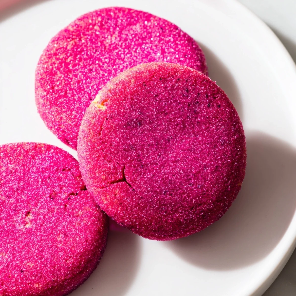 Soft magenta vegan vanilla dragonfruit sugar cookies arranged on a white plate for sharing