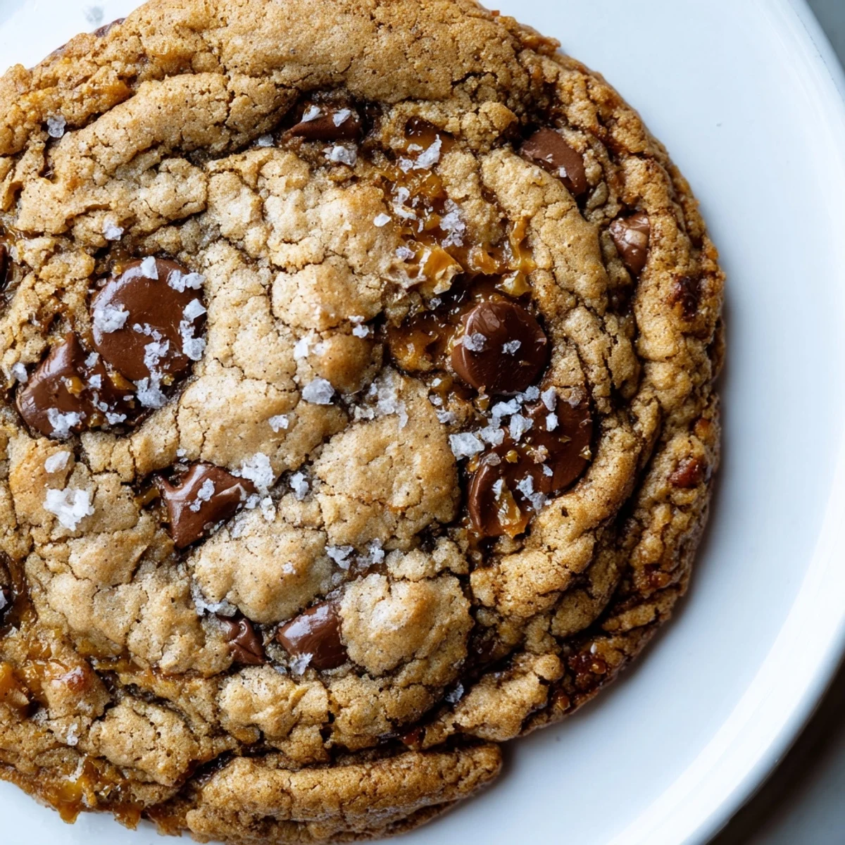 Gooey Brown Butter Salted Honey Caramel Toffee Chocolate Chip Cookies with melty chocolate pools and golden edges