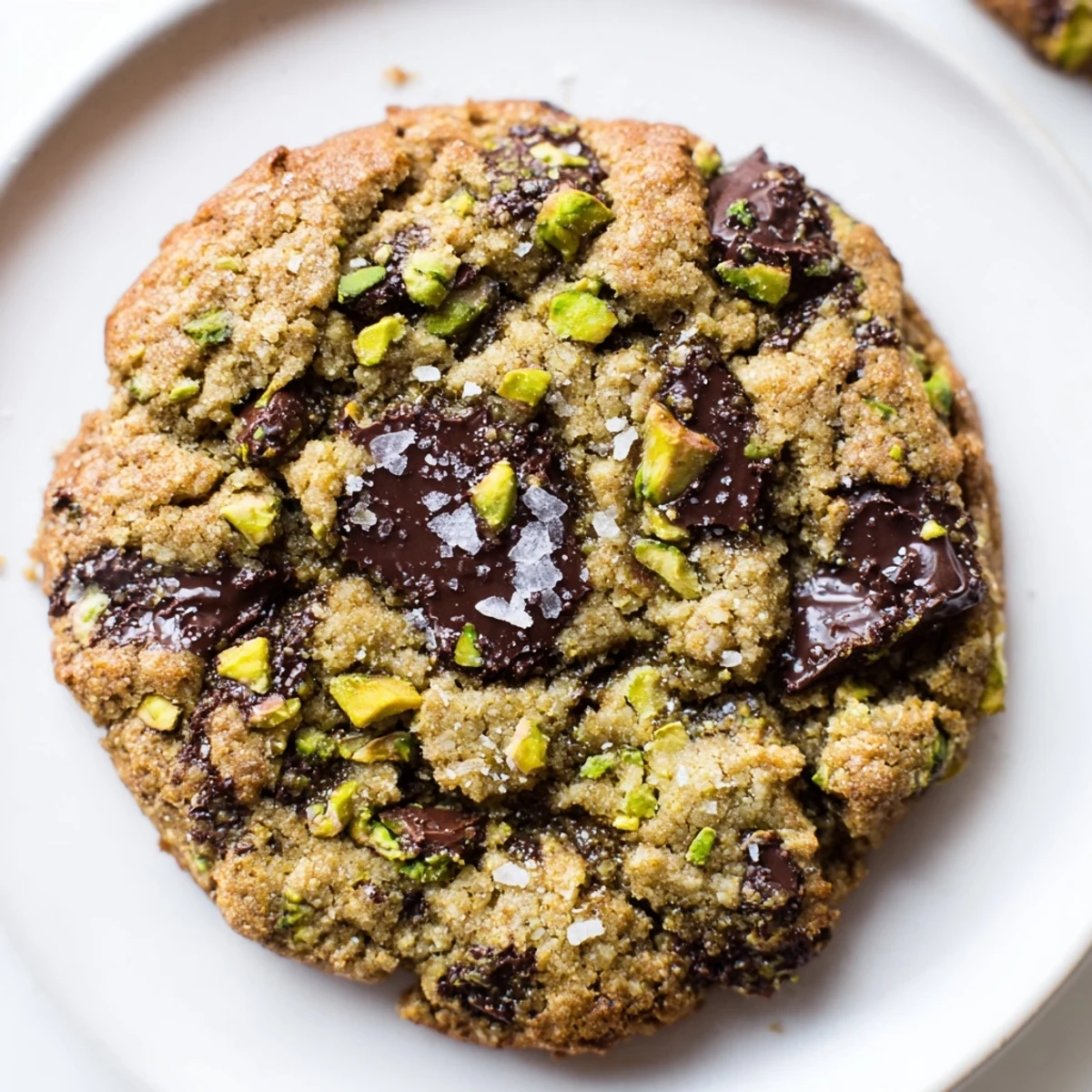 Golden gluten-free dark chocolate pistachio butter crunch cookies fresh from the oven