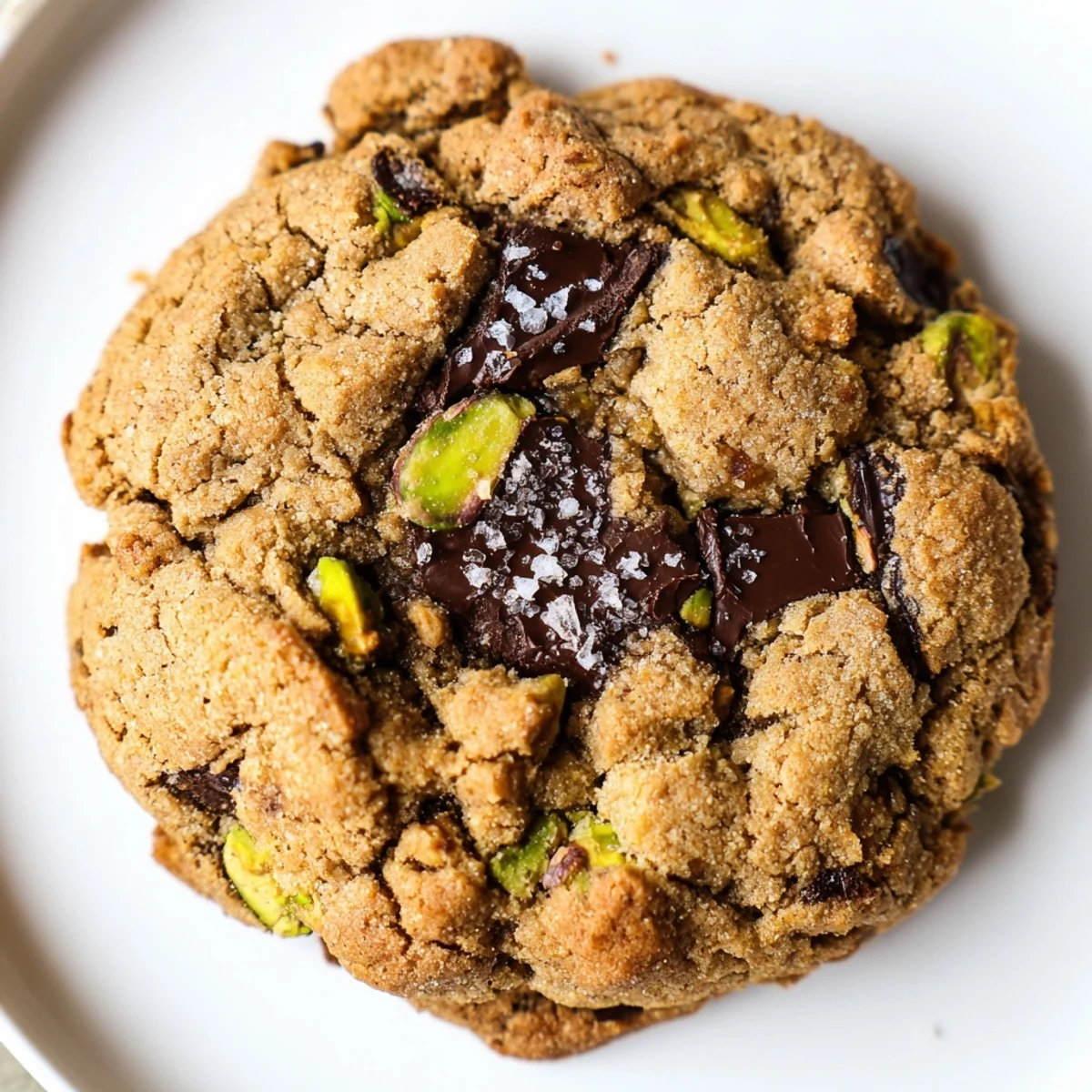 Chewy gluten-free dark chocolate pistachio butter crunch cookies topped with melted chocolate chunks