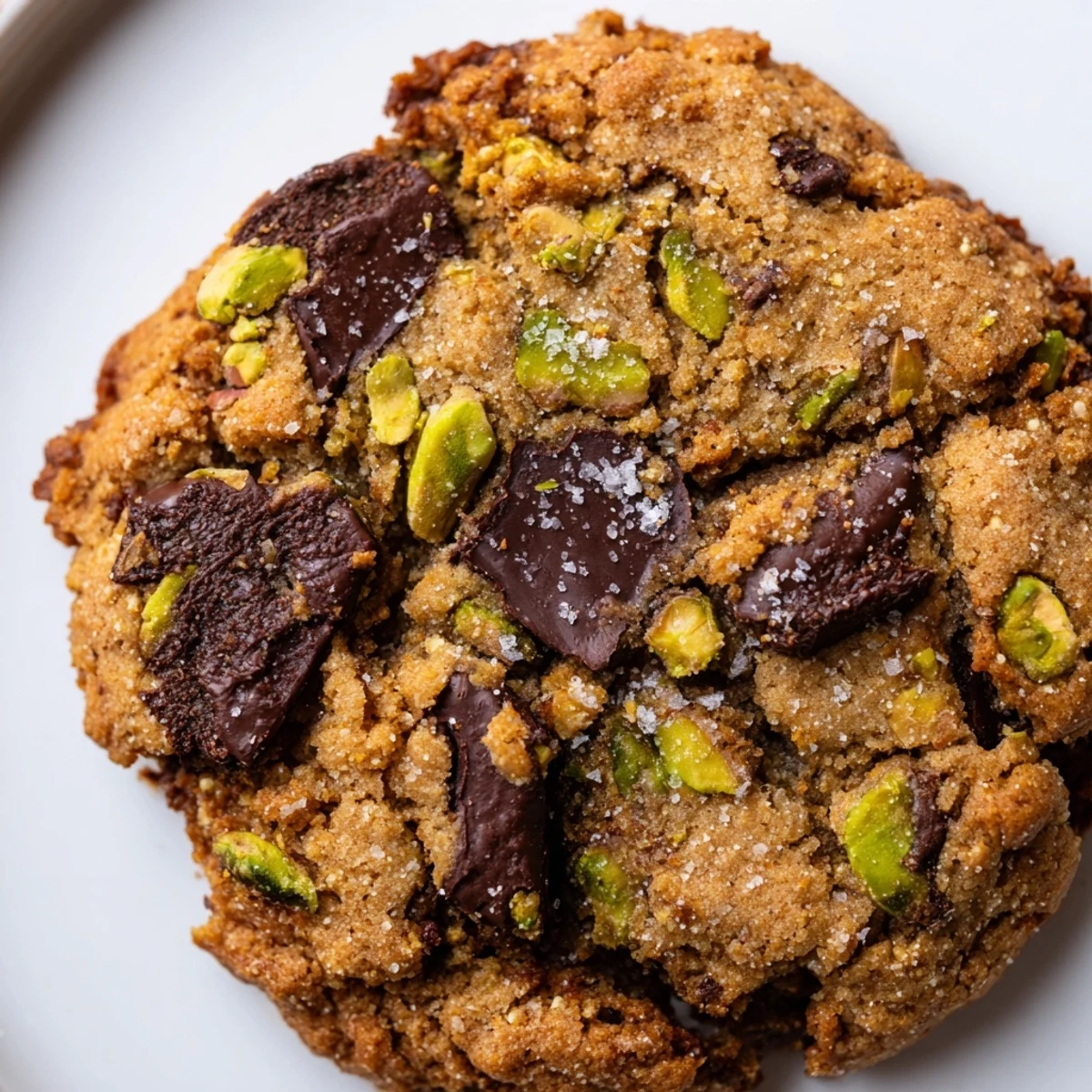 Crunchy gluten-free dark chocolate pistachio butter crunch cookies arranged on a rustic baking sheet