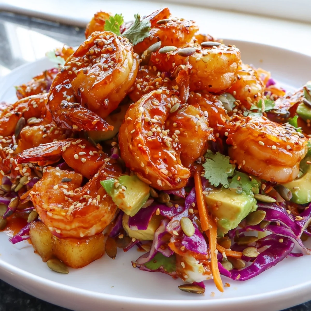 Spicy pineapple shrimp piled on vibrant lime avocado crunch slaw in a white bowl