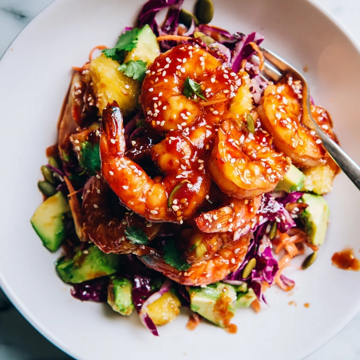 Close-up of spicy pineapple shrimp nestled on creamy avocado slaw with fresh cilantro