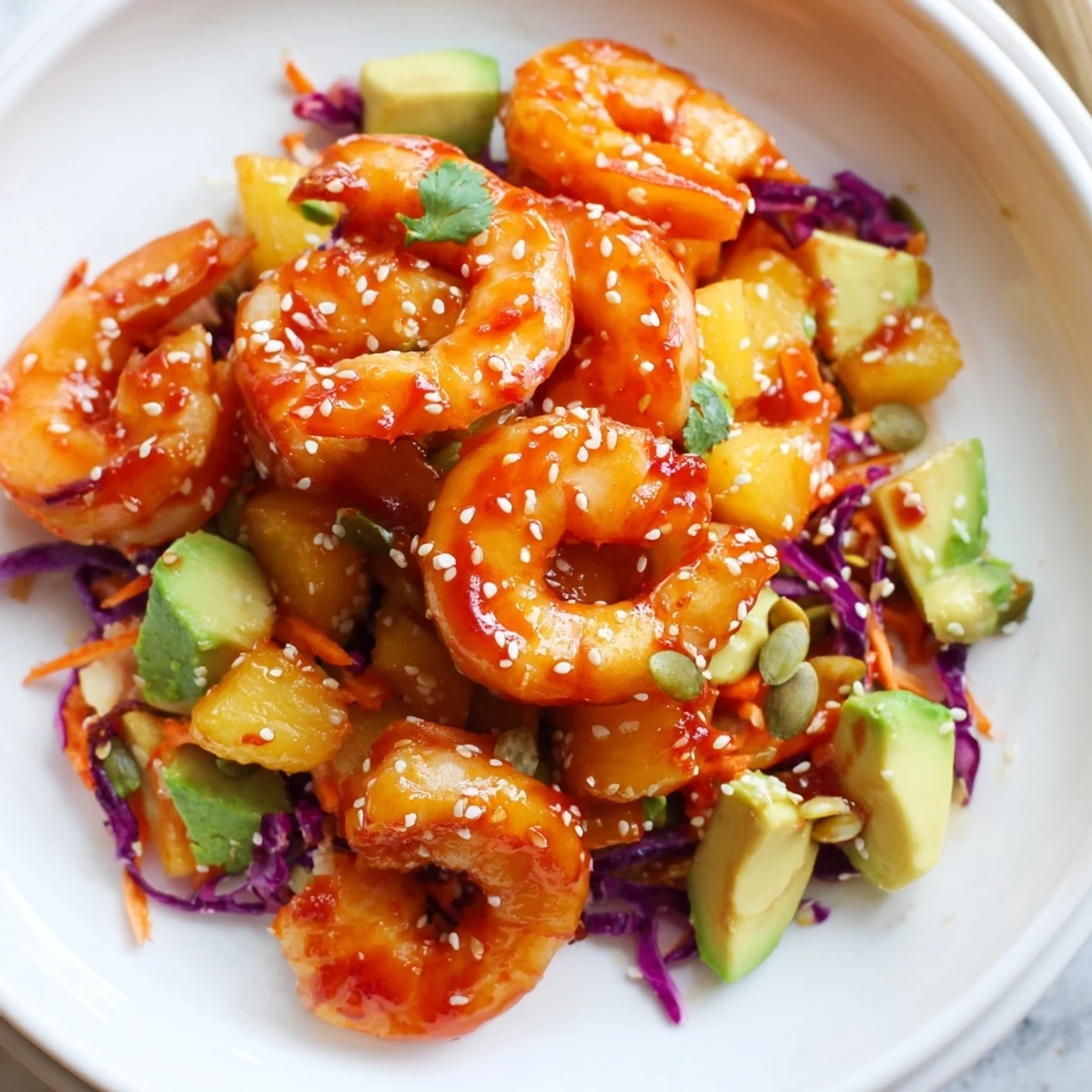 Golden caramelized shrimp with pineapple chunks served over crisp colorful lime avocado slaw