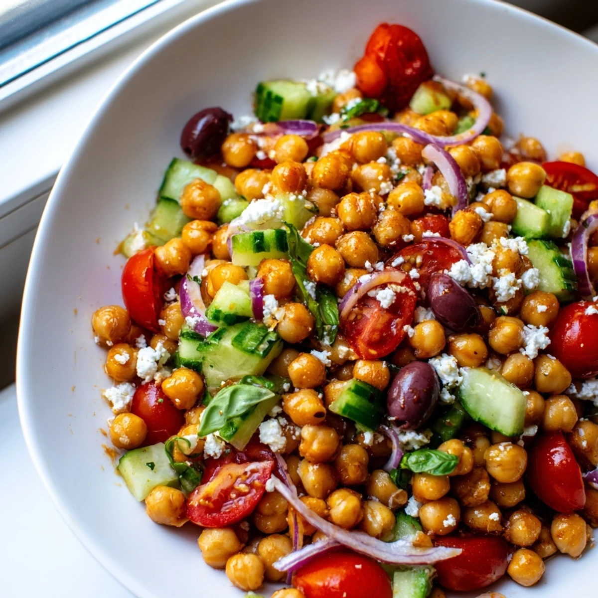 Colorful Mediterranean chickpea salad with ripe tomatoes, crisp cucumber, and fresh basil leaves