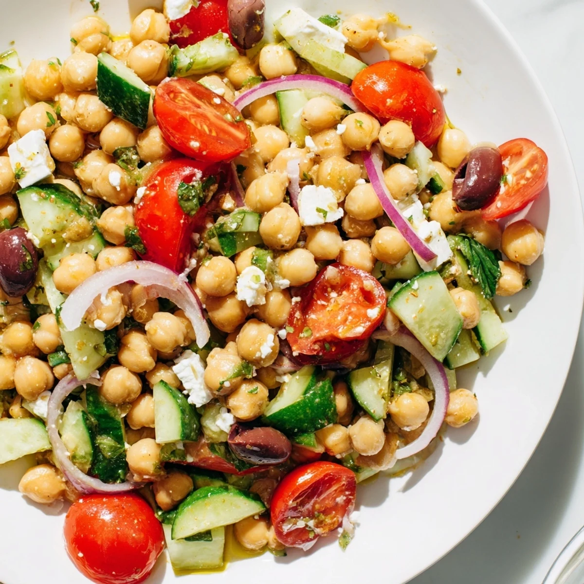 Mediterranean chickpea salad glistening with lemon olive oil dressing in a rustic serving bowl