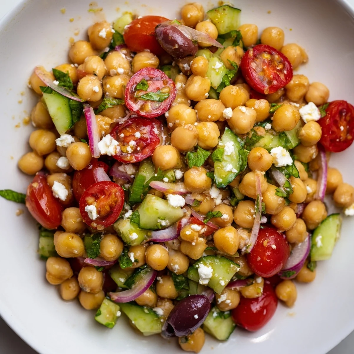 Creamy chickpeas and juicy cherry tomatoes tossed in this vibrant Mediterranean salad with basil